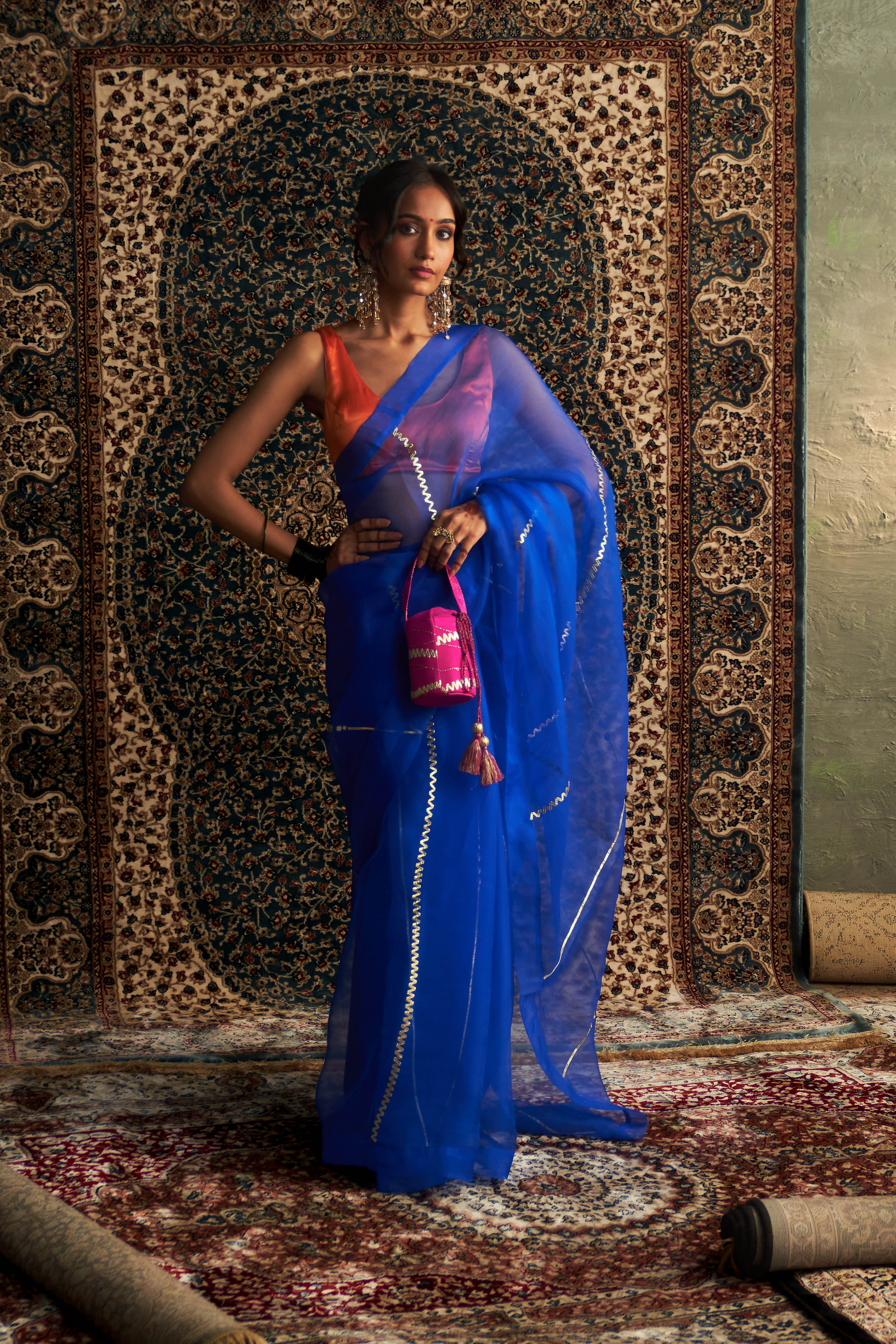 CY Charkhee Blue Embroidered Organza Saree With Saffron Sleeveless Blouse Front 1