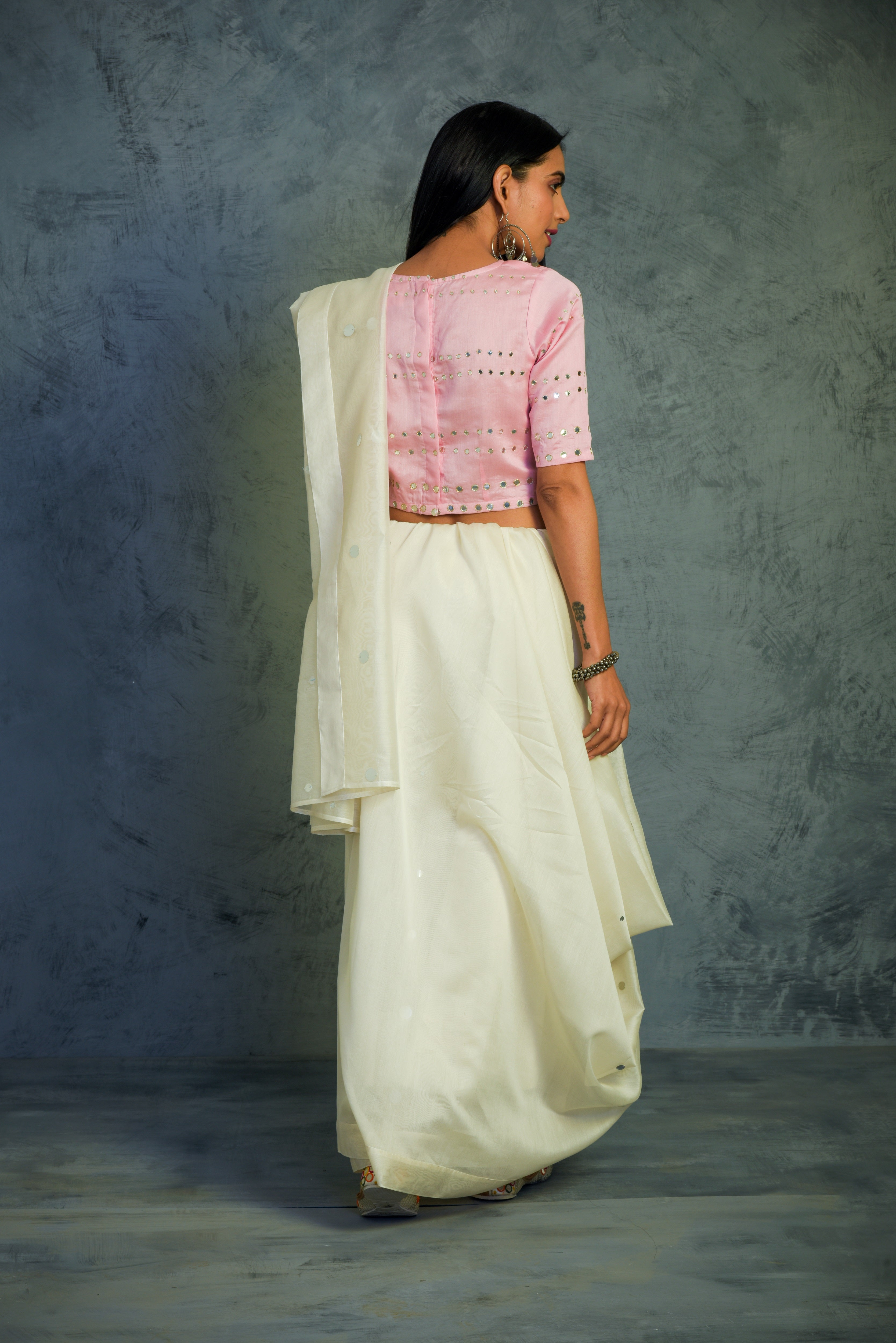 CY Charkhee Off-White Chanderi Saree With Light Pink Blouse Back 1