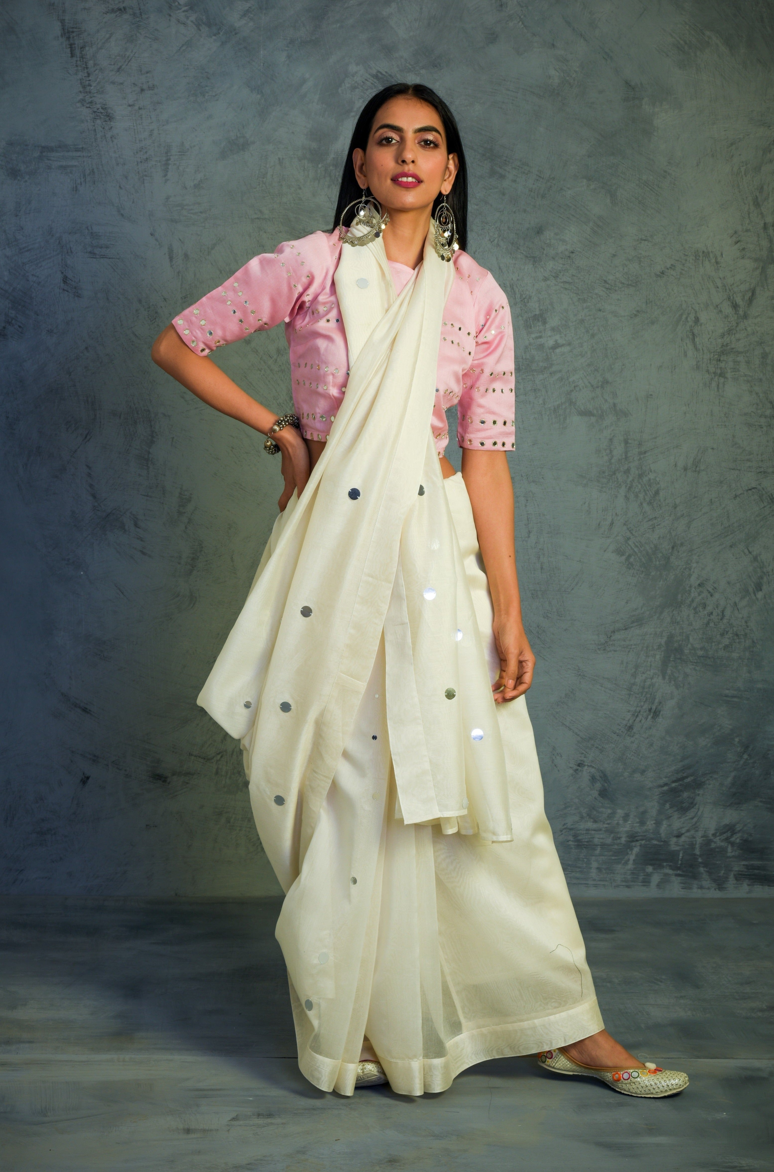 CY Charkhee Off-White Chanderi Saree With Light Pink Blouse Front 1