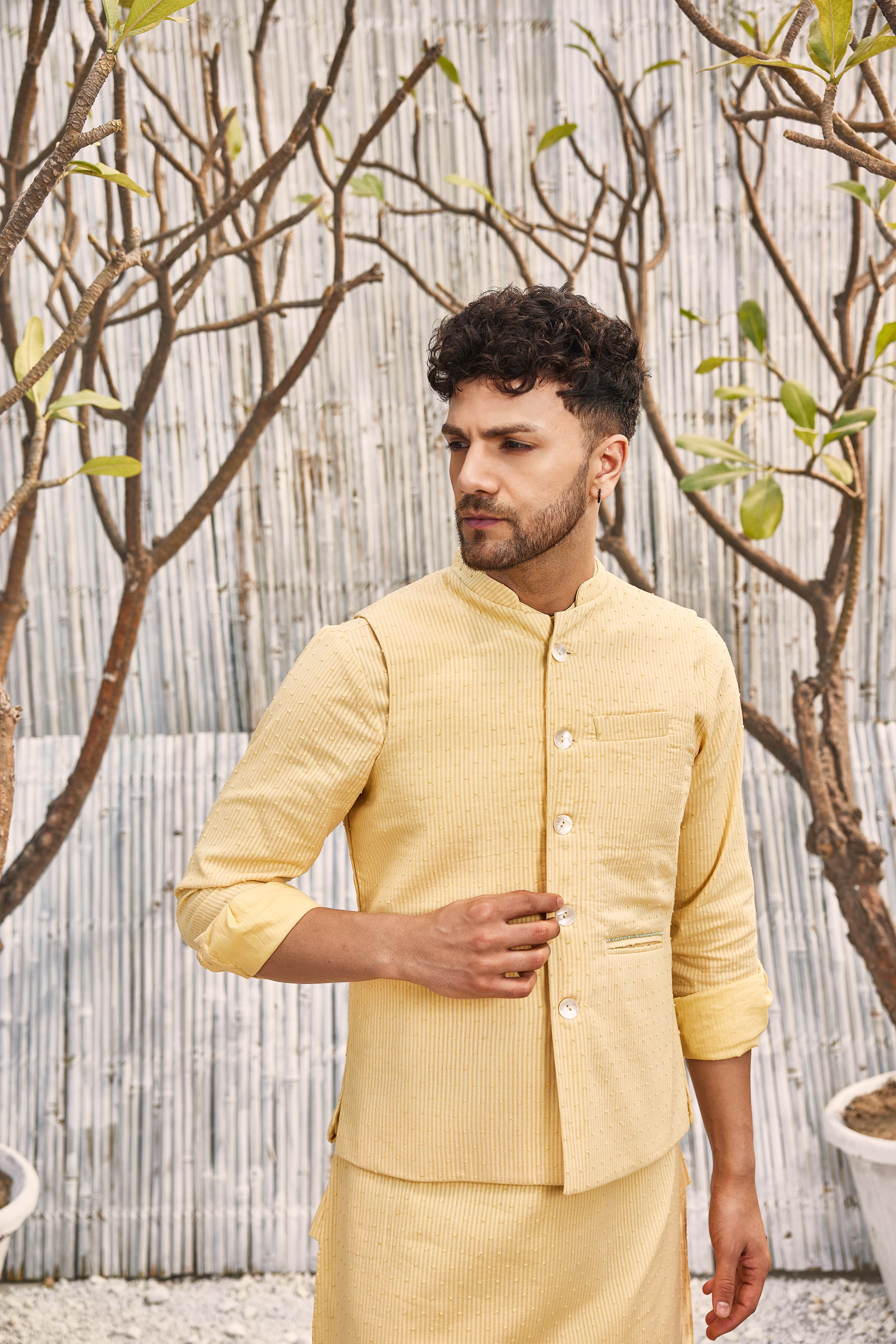 CY Charkhee Pastel Yellow Cotton Bundi Jacket Closeup 2