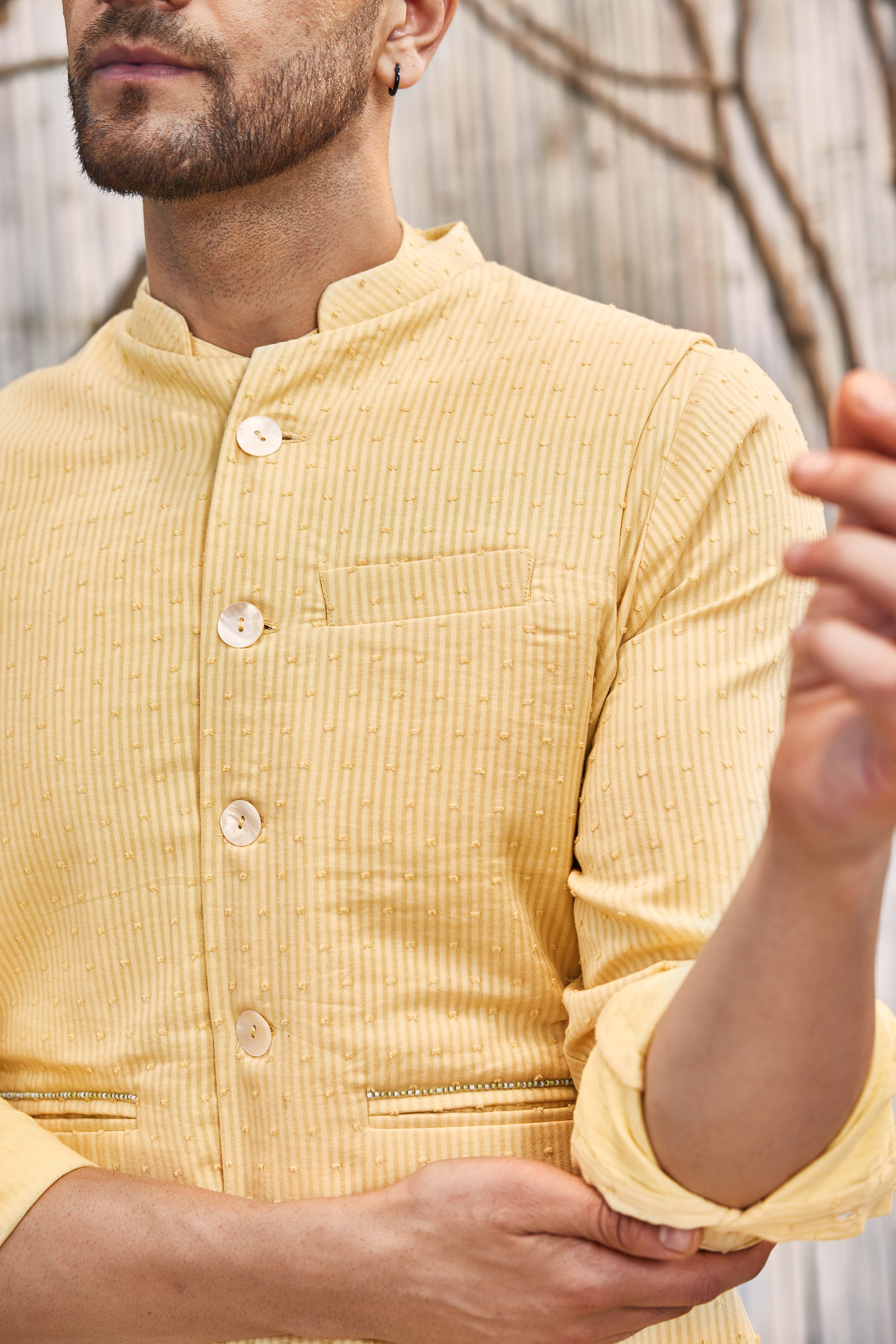 CY Charkhee Pastel Yellow Cotton Bundi Jacket Closeup 3