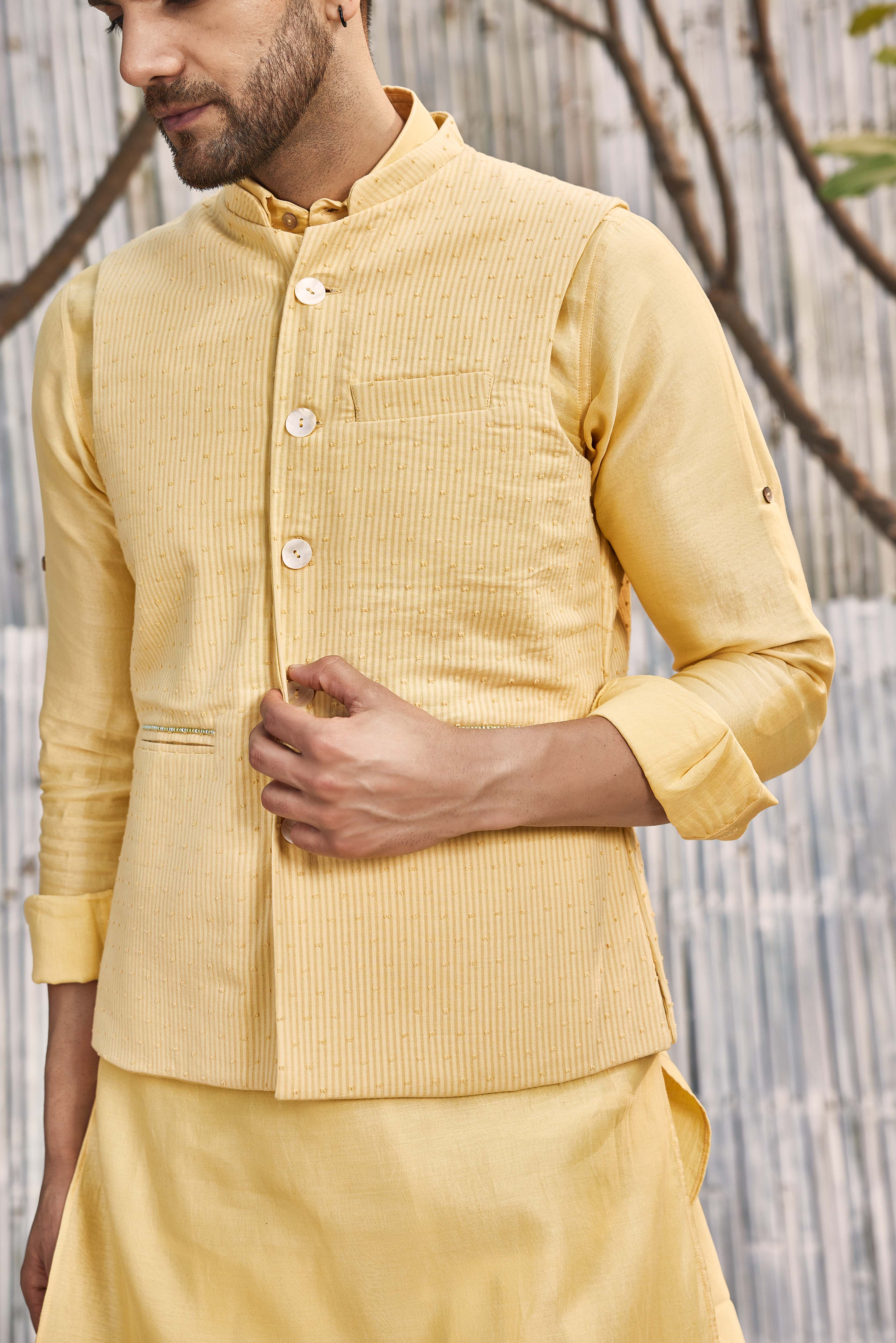 CY Charkhee Pastel Yellow Cotton Bundi Jacket Closeup 1