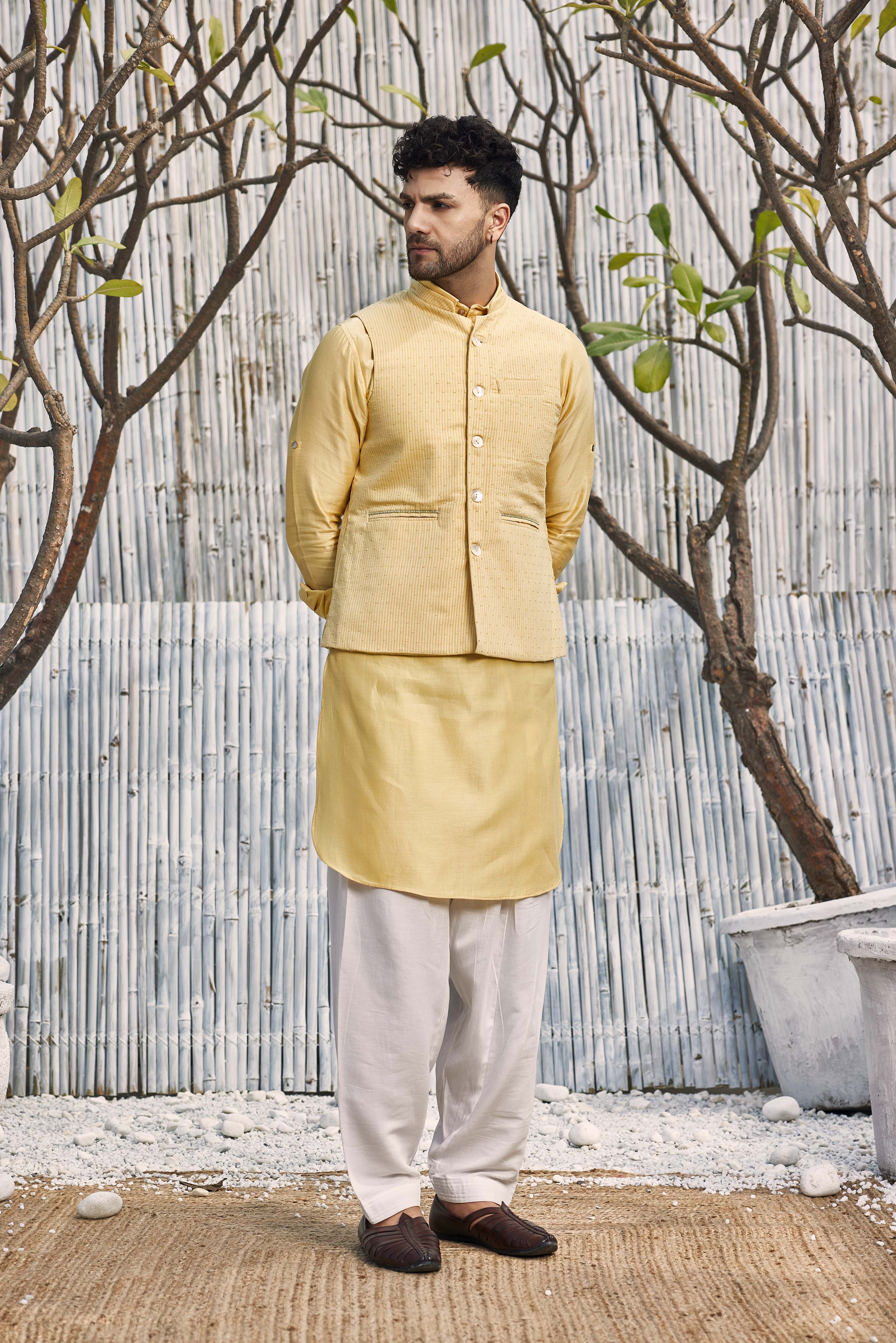 CY Charkhee Pastel Yellow Cotton Bundi Jacket Front 1