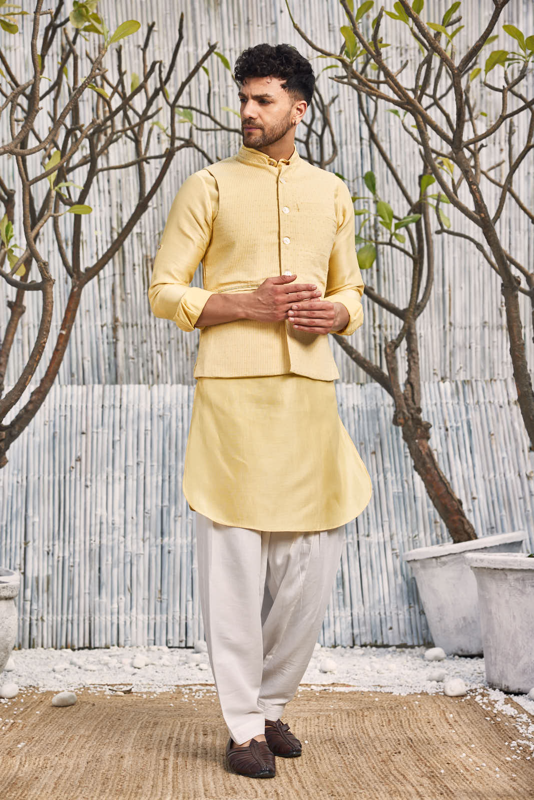 CY Charkhee Pastel Yellow Cotton Bundi Jacket Front 2