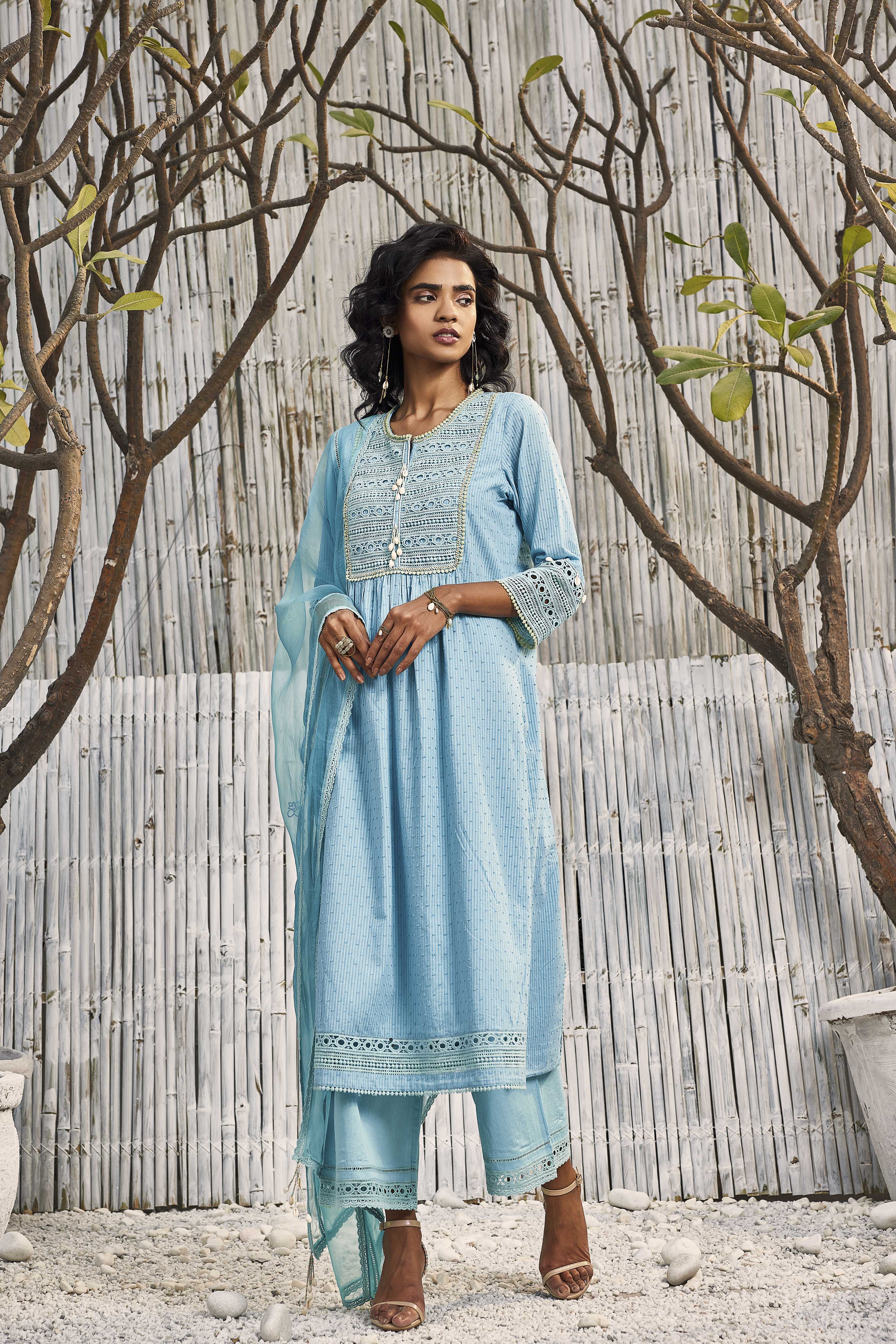 CY Charkhee Tropical Blue Cotton Kurta With Palazzo Front 1