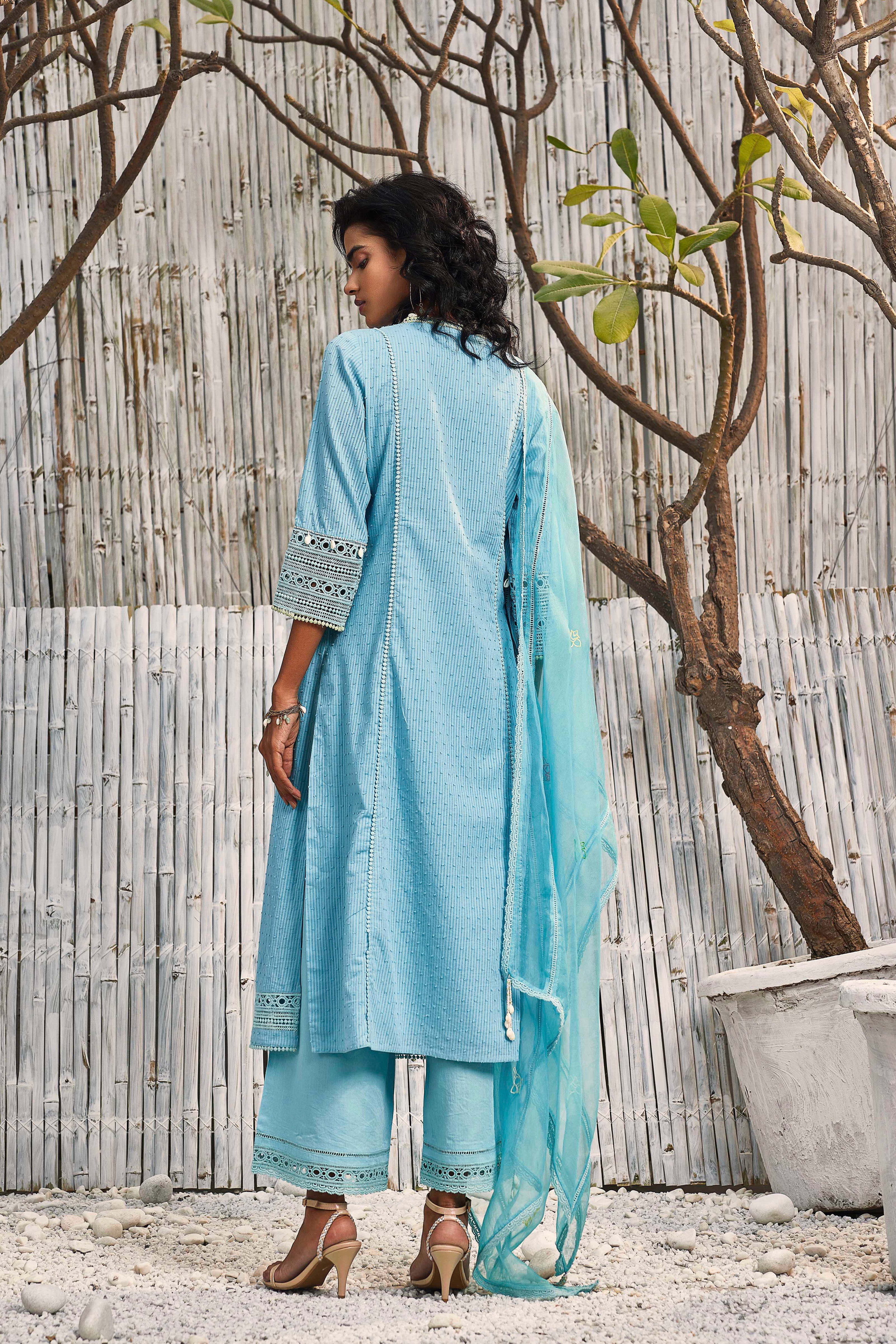 CY Charkhee Tropical Blue Cotton Kurta With Palazzo Back 1