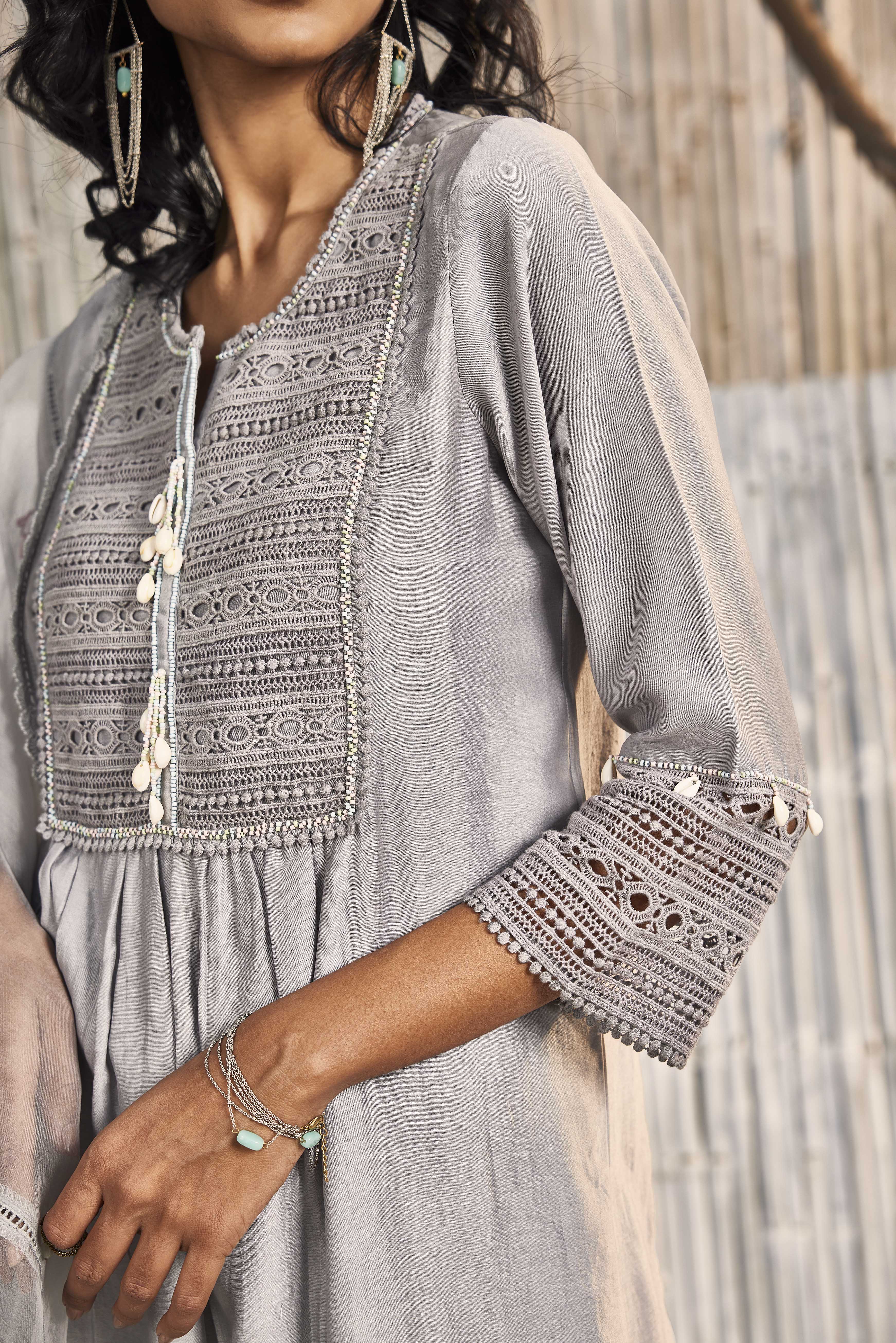 CY Charkhee Steel Grey Chanderi Kurta With Palazzo Closeup 2