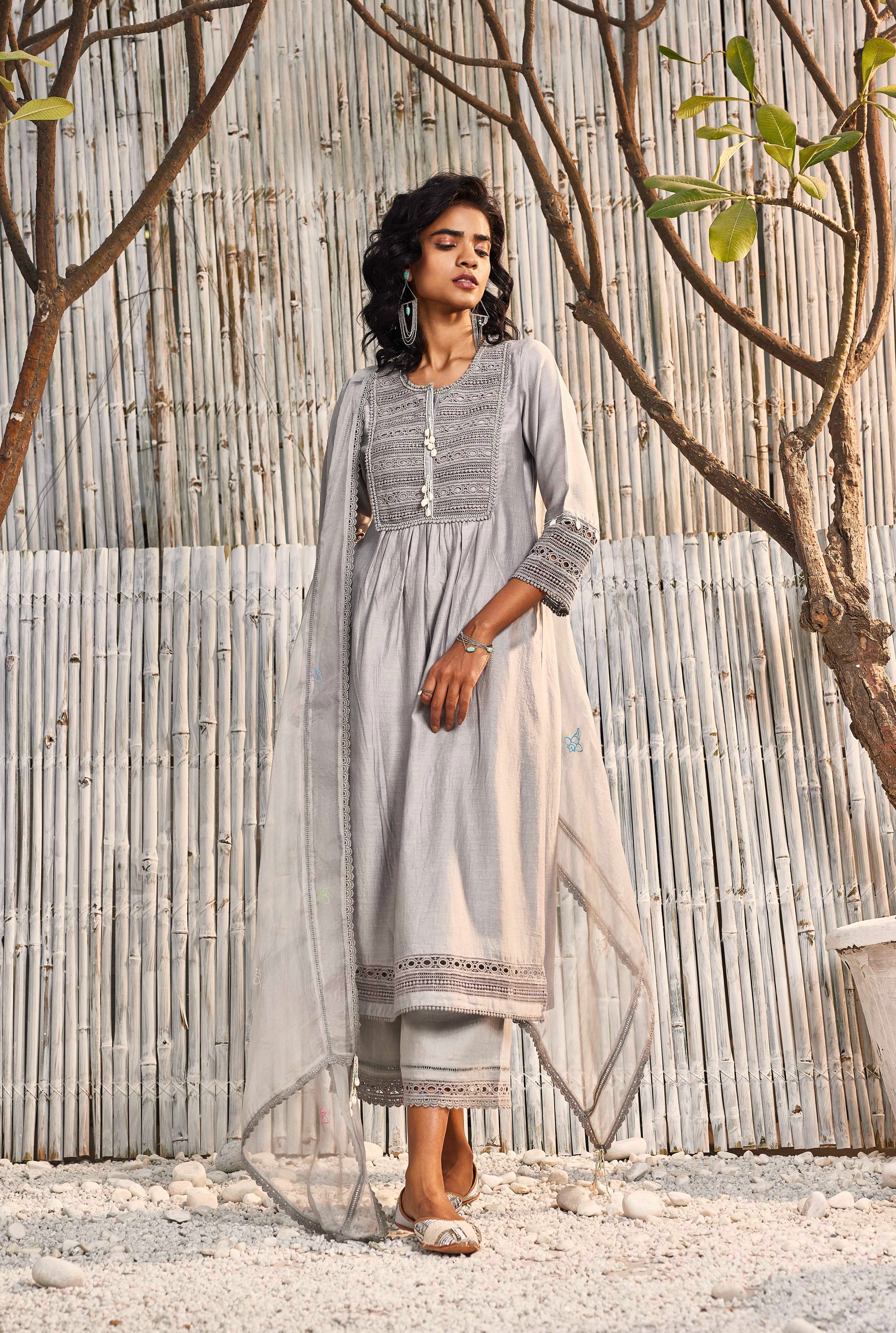 CY Charkhee Steel Grey Chanderi Kurta With Palazzo Front 2