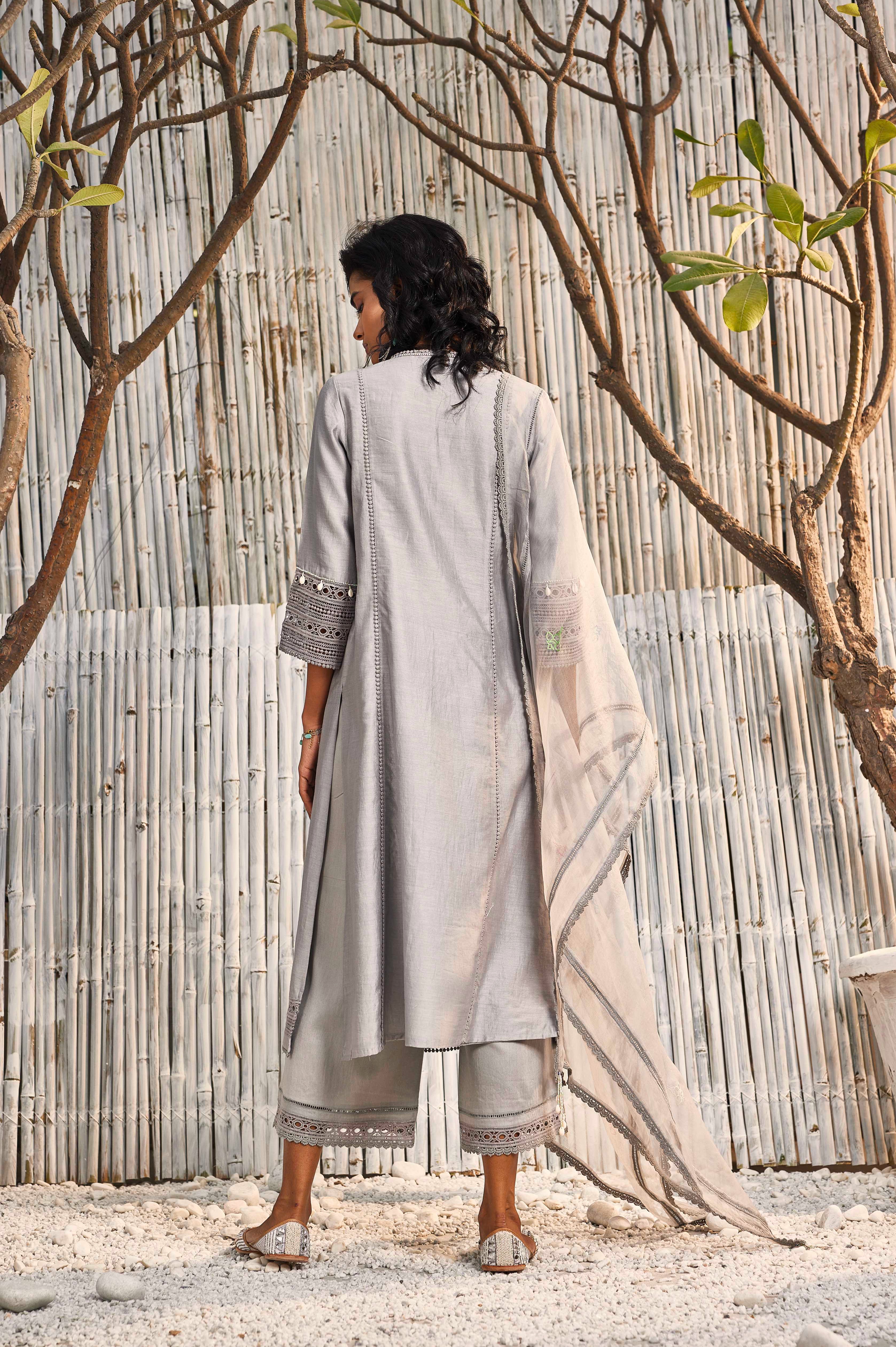 CY Charkhee Steel Grey Chanderi Kurta With Palazzo Back 1