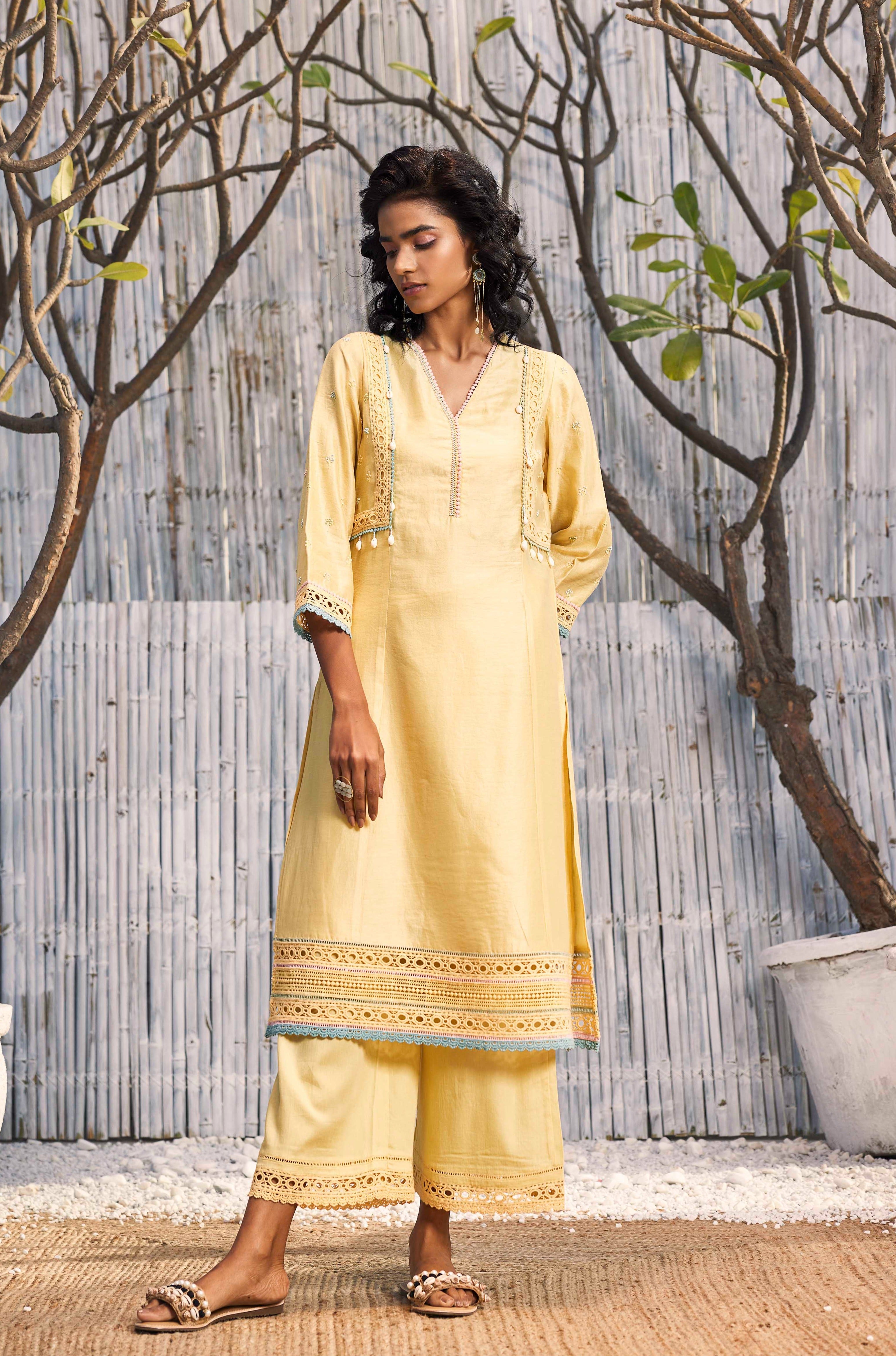 CY Charkhee Sunshine Yellow A-Line Kurta With Palazzo Front 1