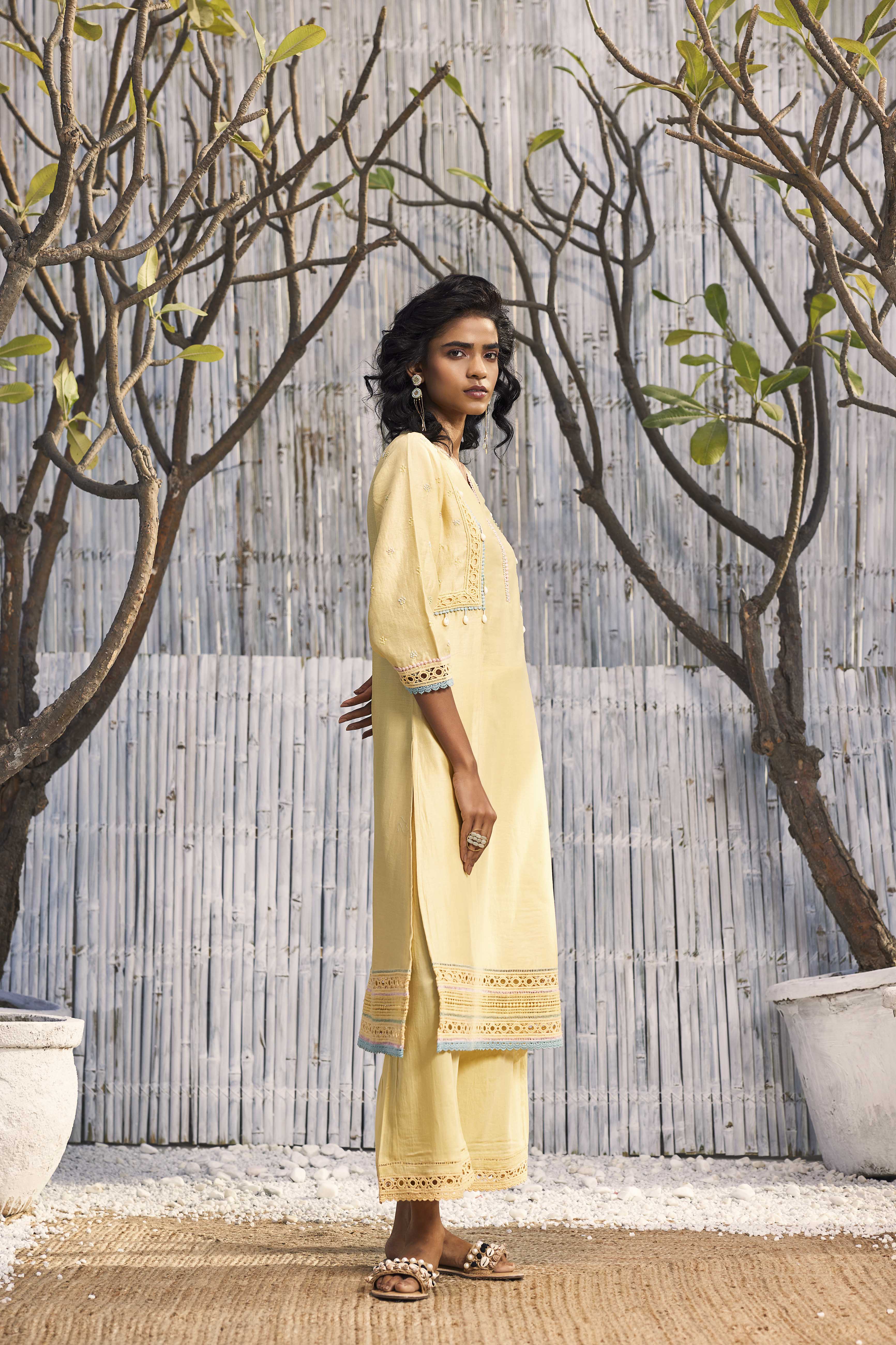 CY Charkhee Sunshine Yellow A-Line Kurta With Palazzo And Dupatta Side 1