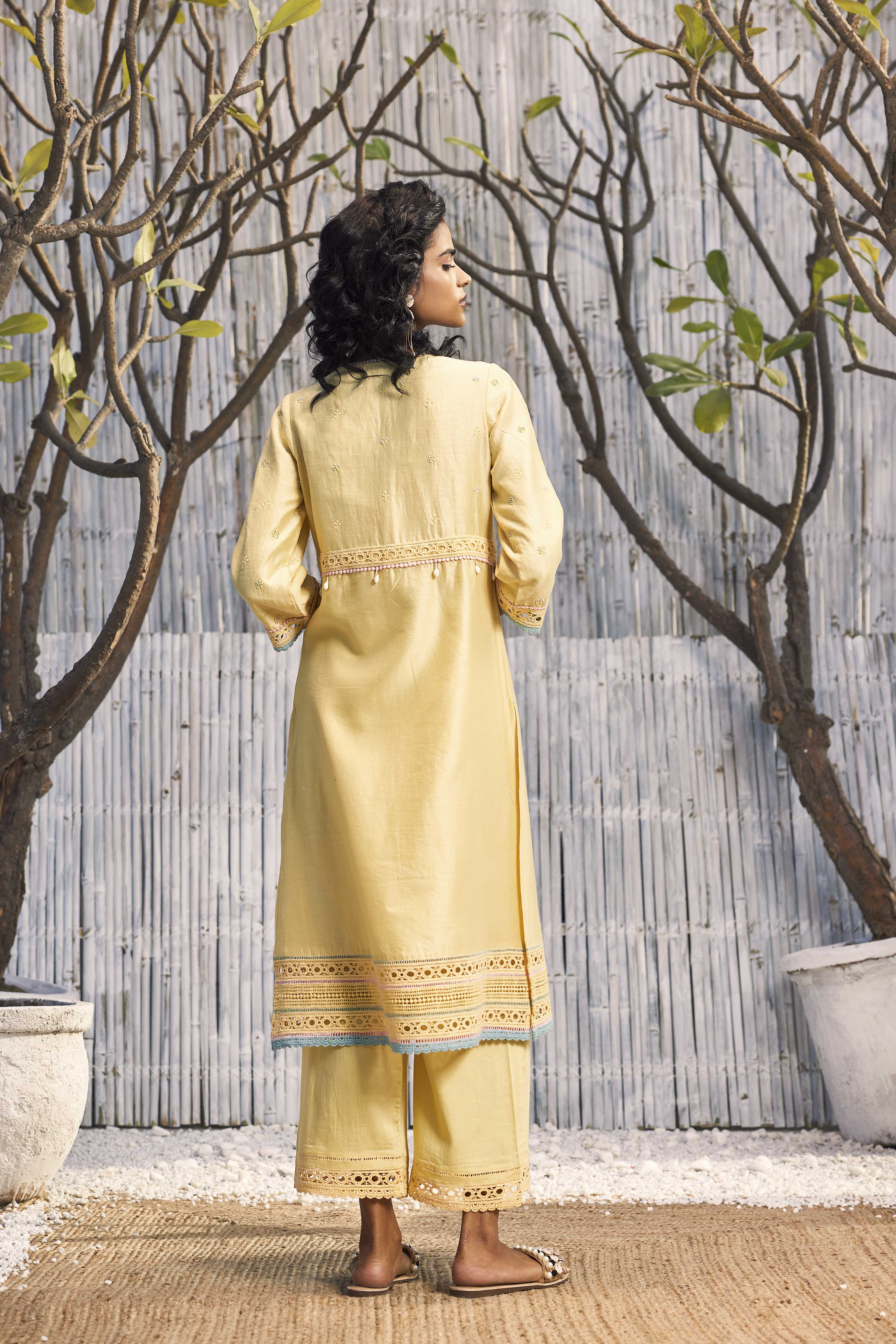 CY Charkhee Sunshine Yellow A-Line Kurta With Palazzo And Dupatta Back 1