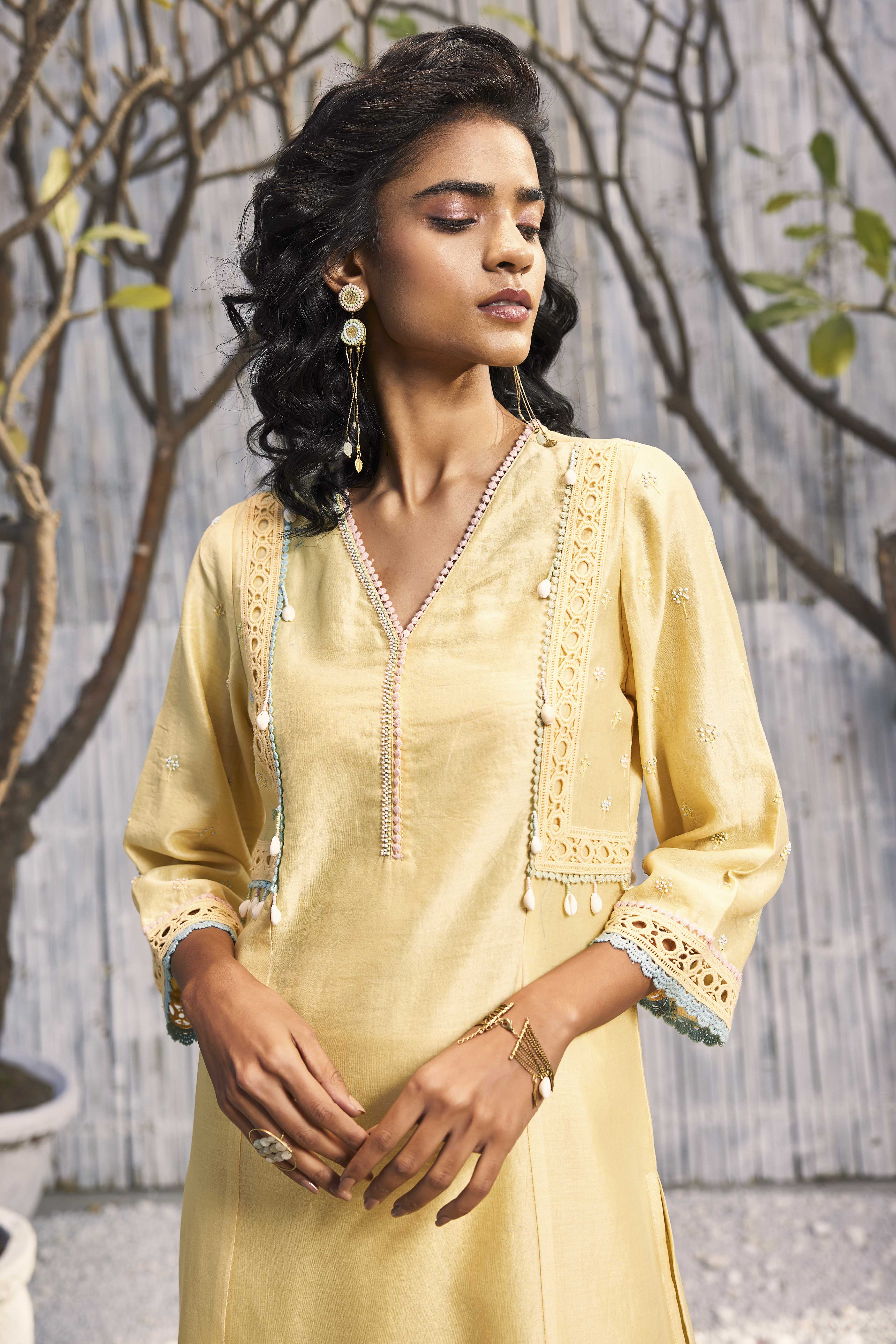 CY Charkhee Sunshine Yellow A-Line Kurta With Palazzo And Dupatta Closeup 1