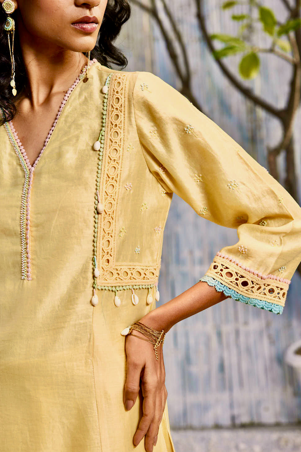 CY Charkhee Sunshine Yellow A-Line Kurta With Palazzo And Dupatta Closeup 2