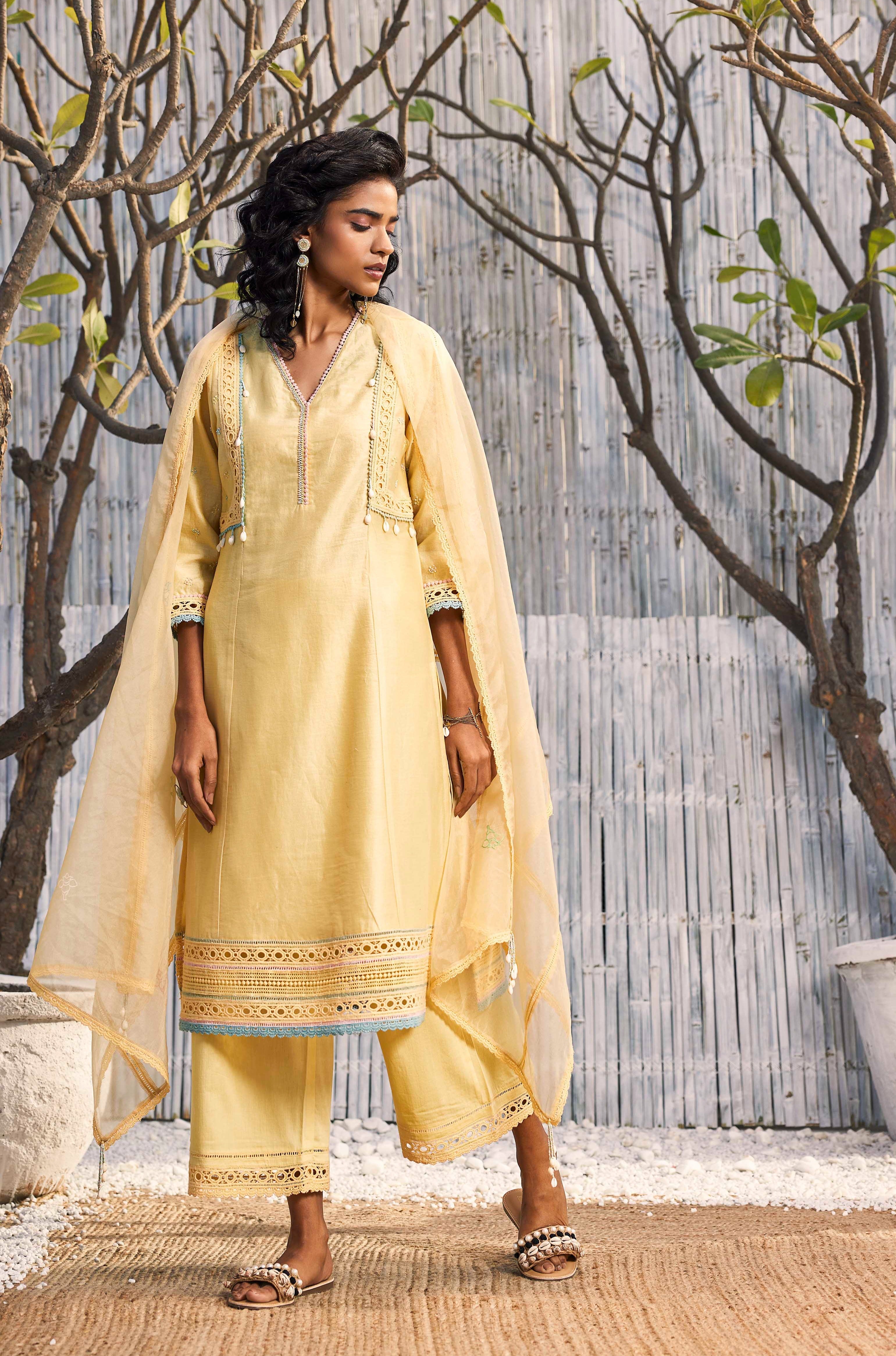 CY Charkhee Sunshine Yellow A-Line Kurta With Palazzo And Dupatta Front 1