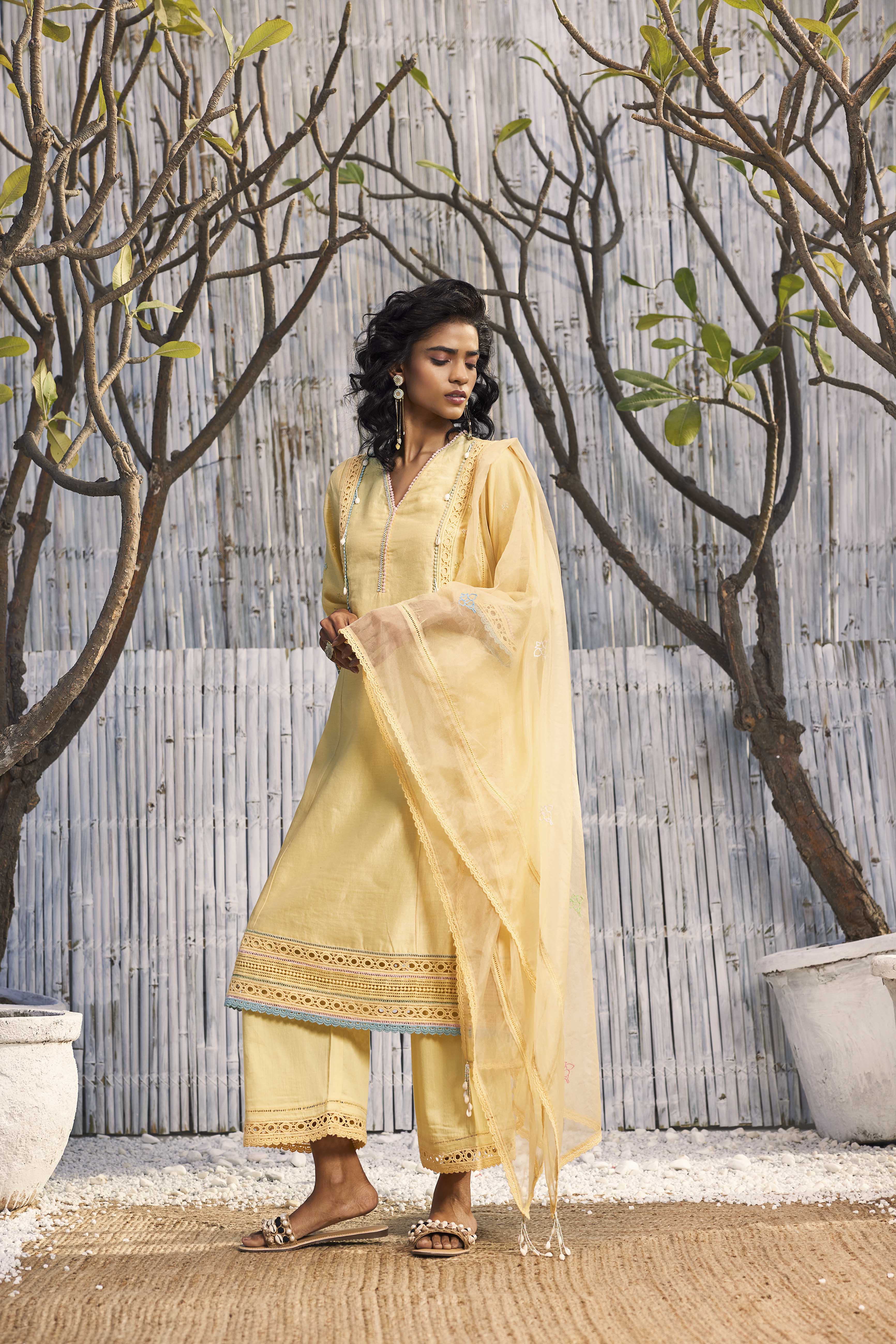 CY Charkhee Sunshine Yellow A-Line Kurta With Palazzo And Dupatta Front 2