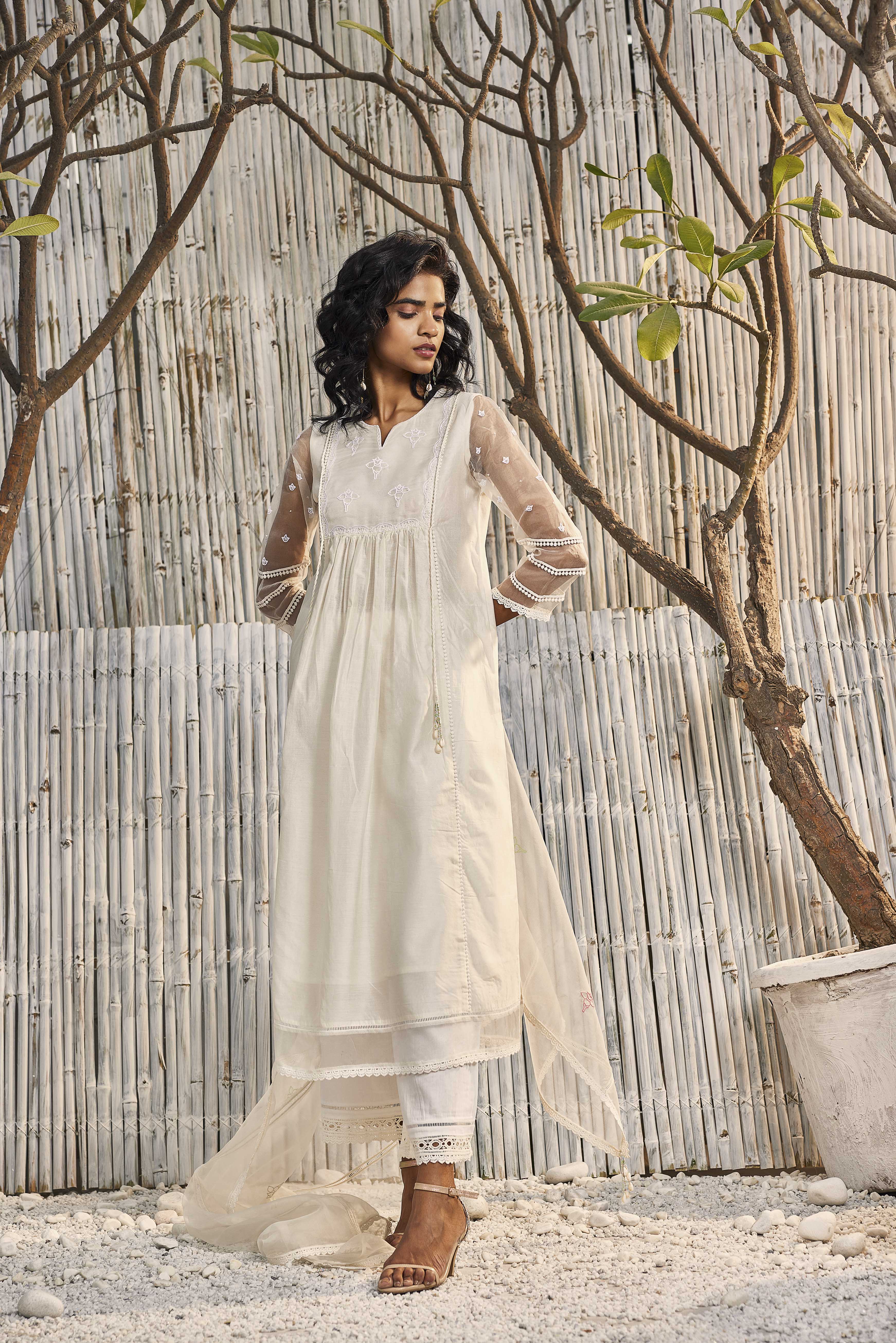 CY Charkhee Shell White Chanderi Gathered Kurta With Pant Side 1