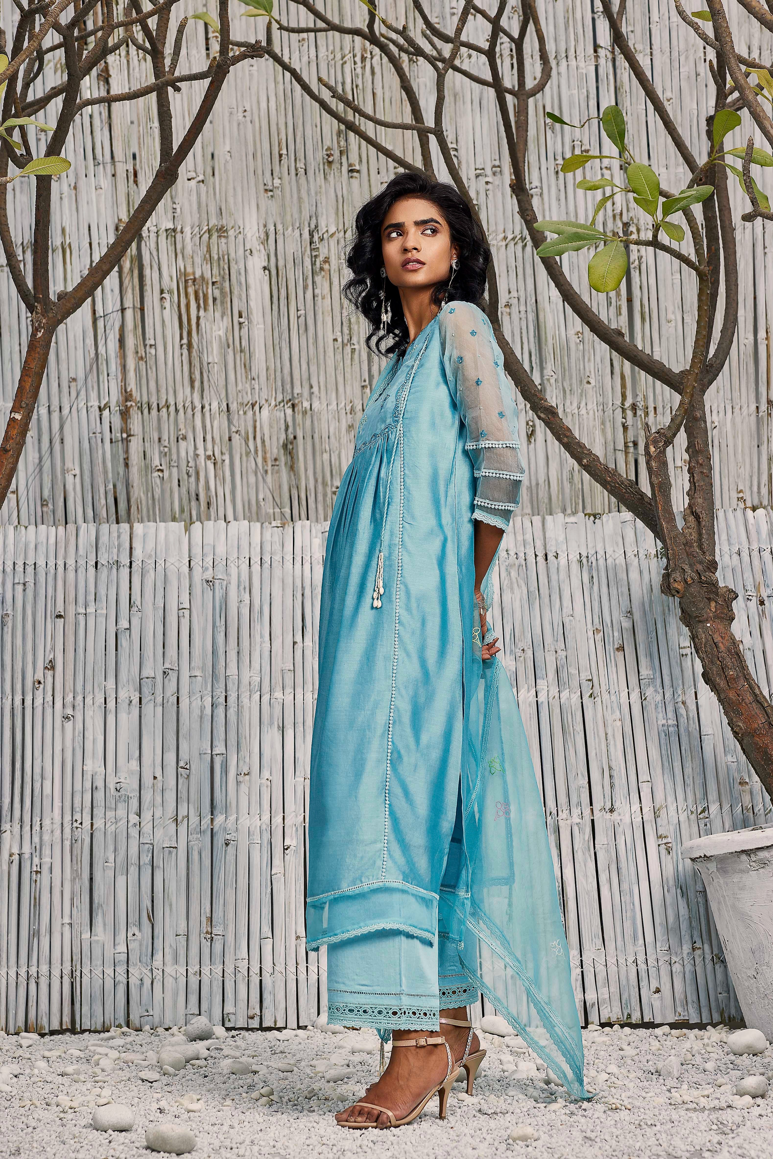 CY Charkhee Blue Chanderi Gathered Kurta With Pant Side 1