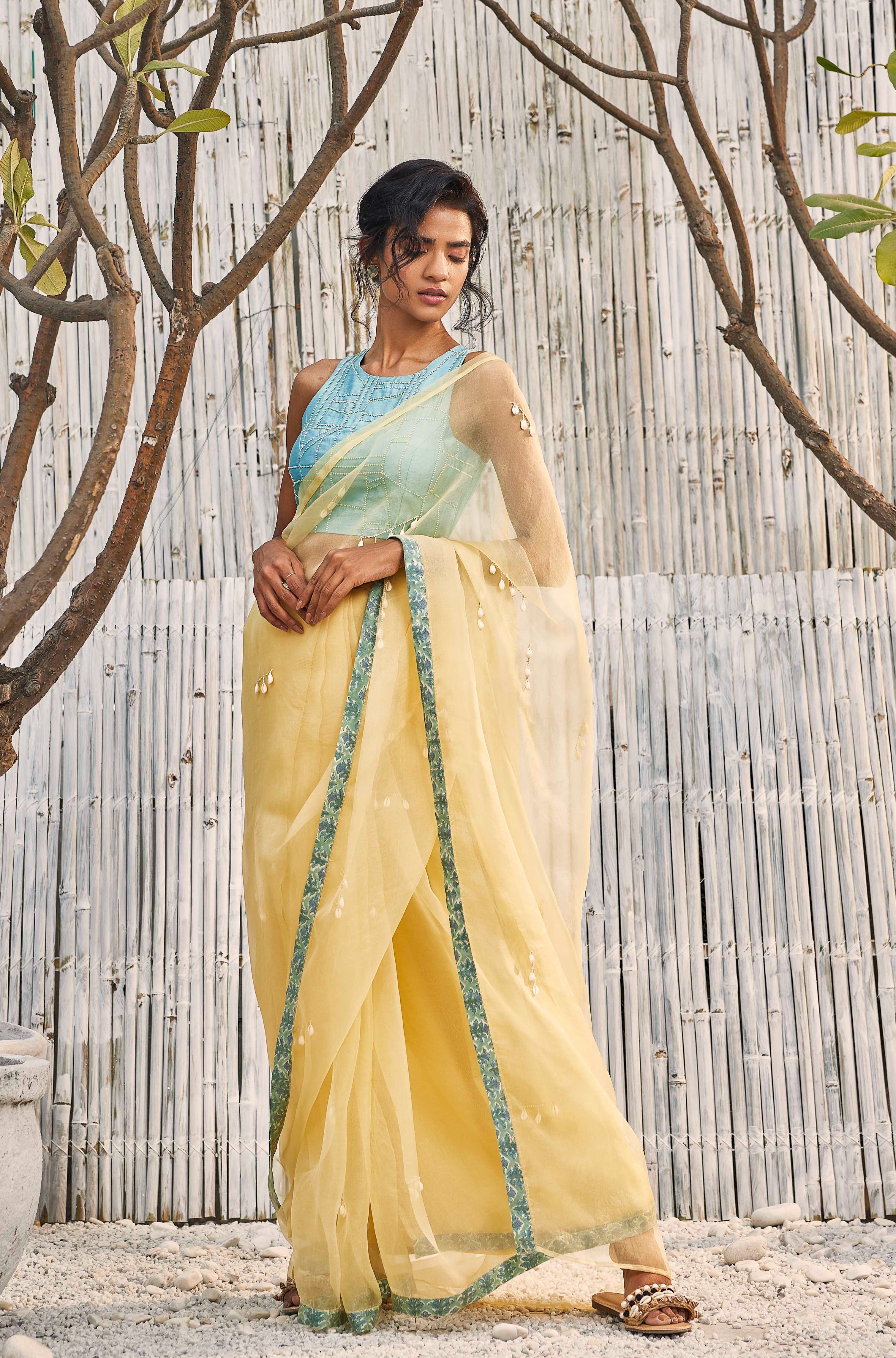 CY Charkhee Sunshine Yellow Organza Saree With Blouse Front 1