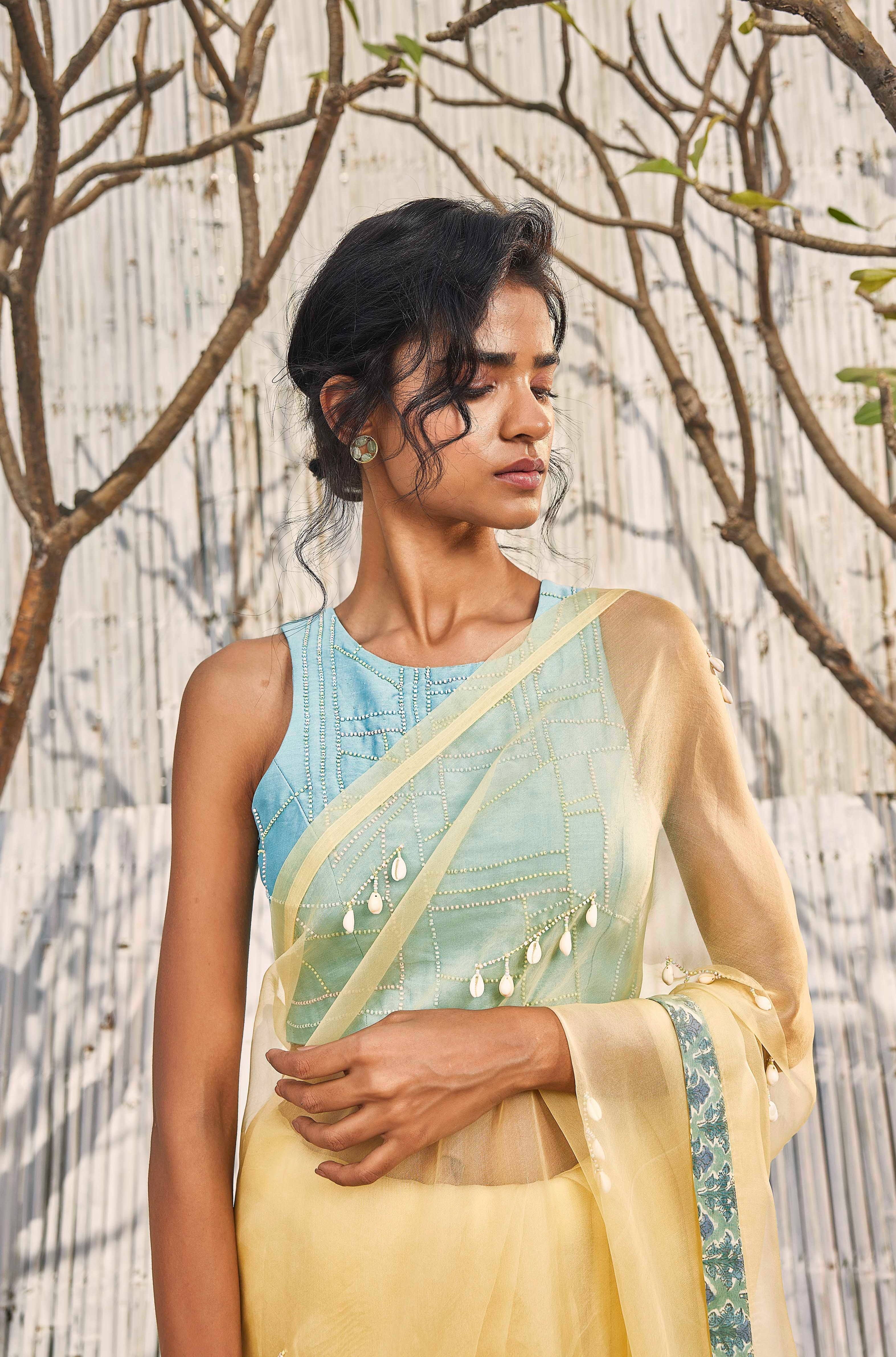 CY Charkhee Sunshine Yellow Organza Saree With Blouse Closeup 1