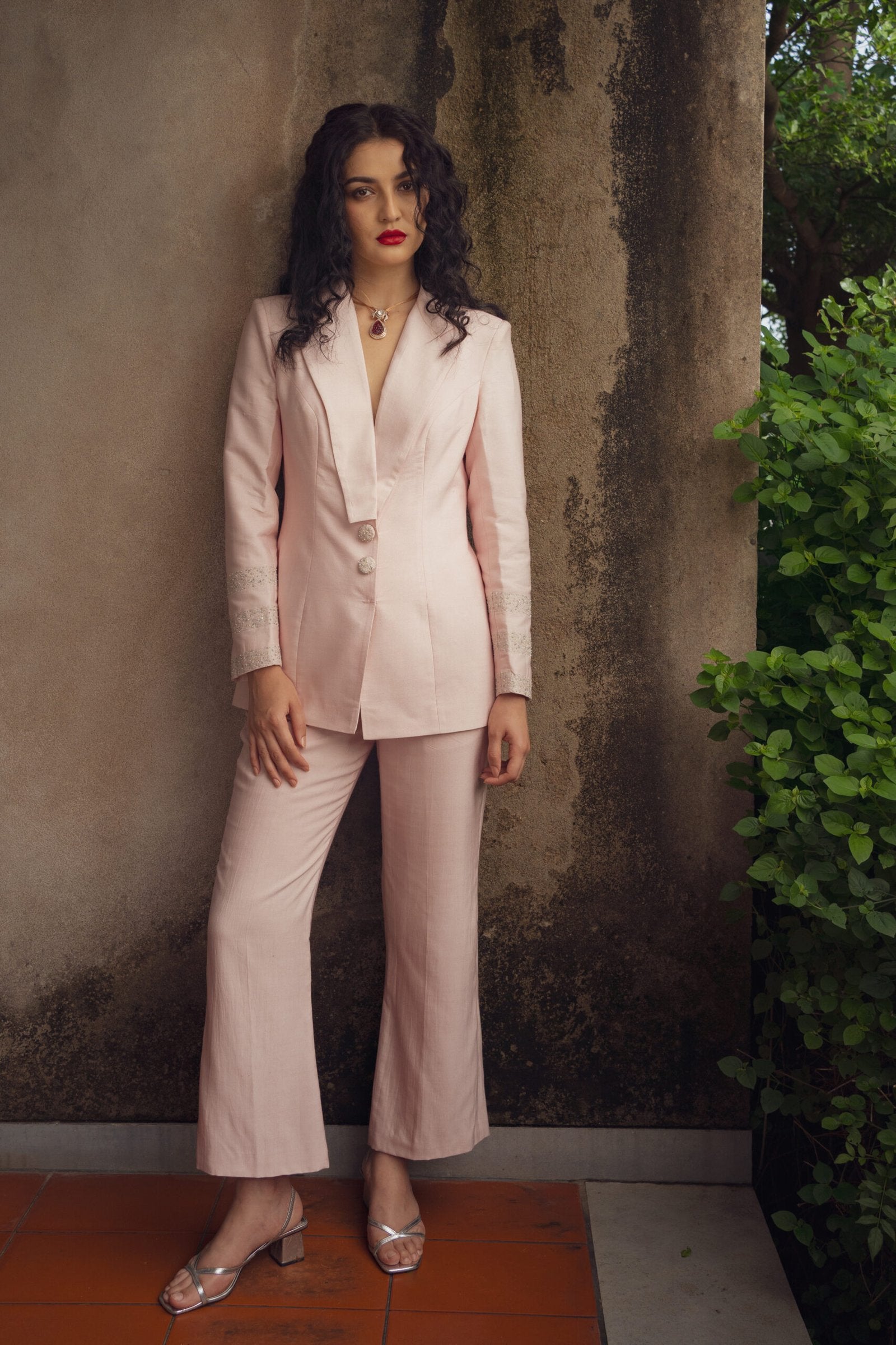 CY Kavita Agarwal Classic Baby Pink Pant Suit Front 2