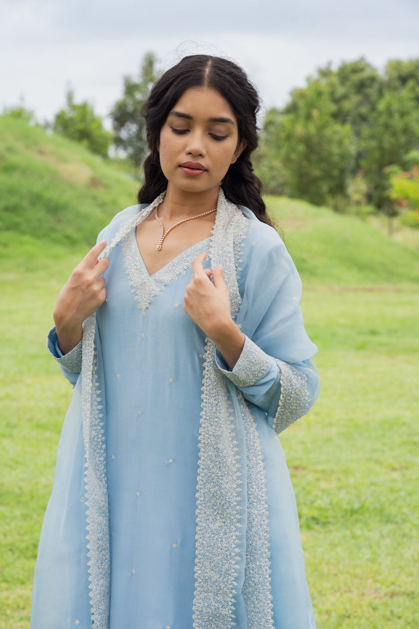 CY Kavita Agarwal Powder Blue Kurta Set Closeup 4