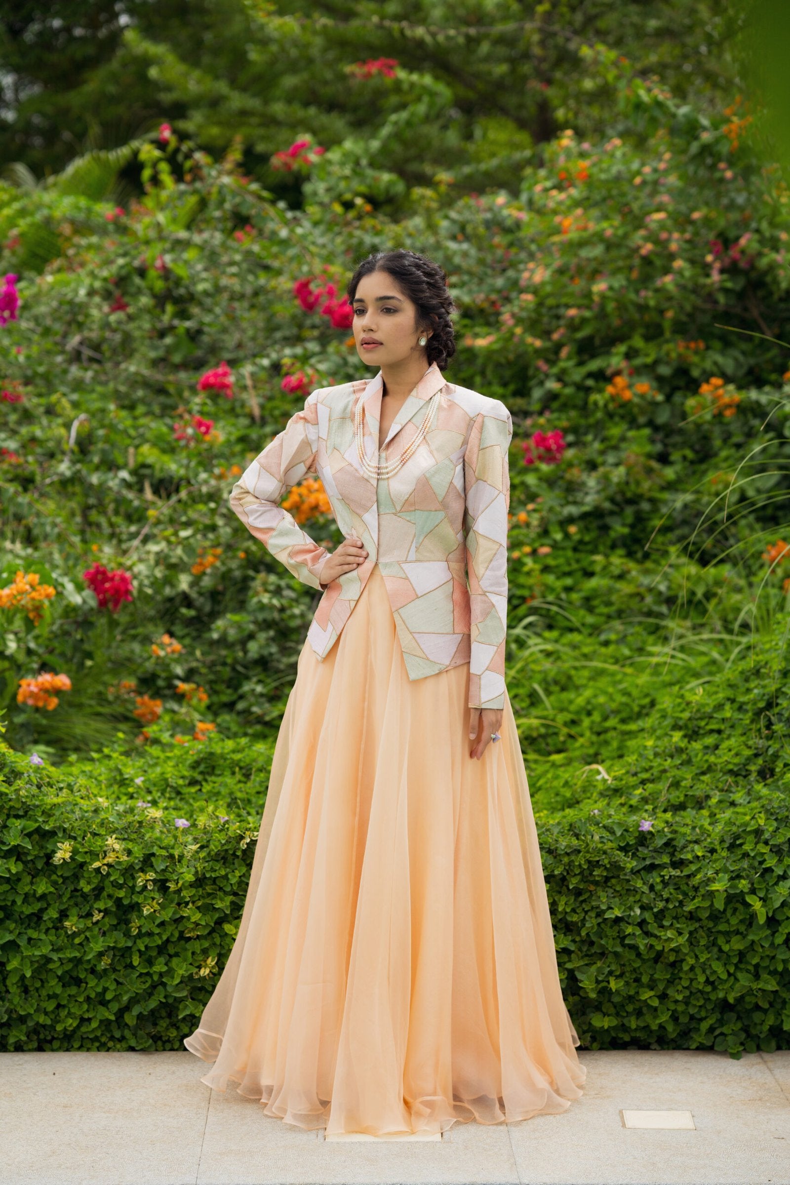 CY Kavita Agarwal Patch Work Jacket And Organza Skirt Front 1