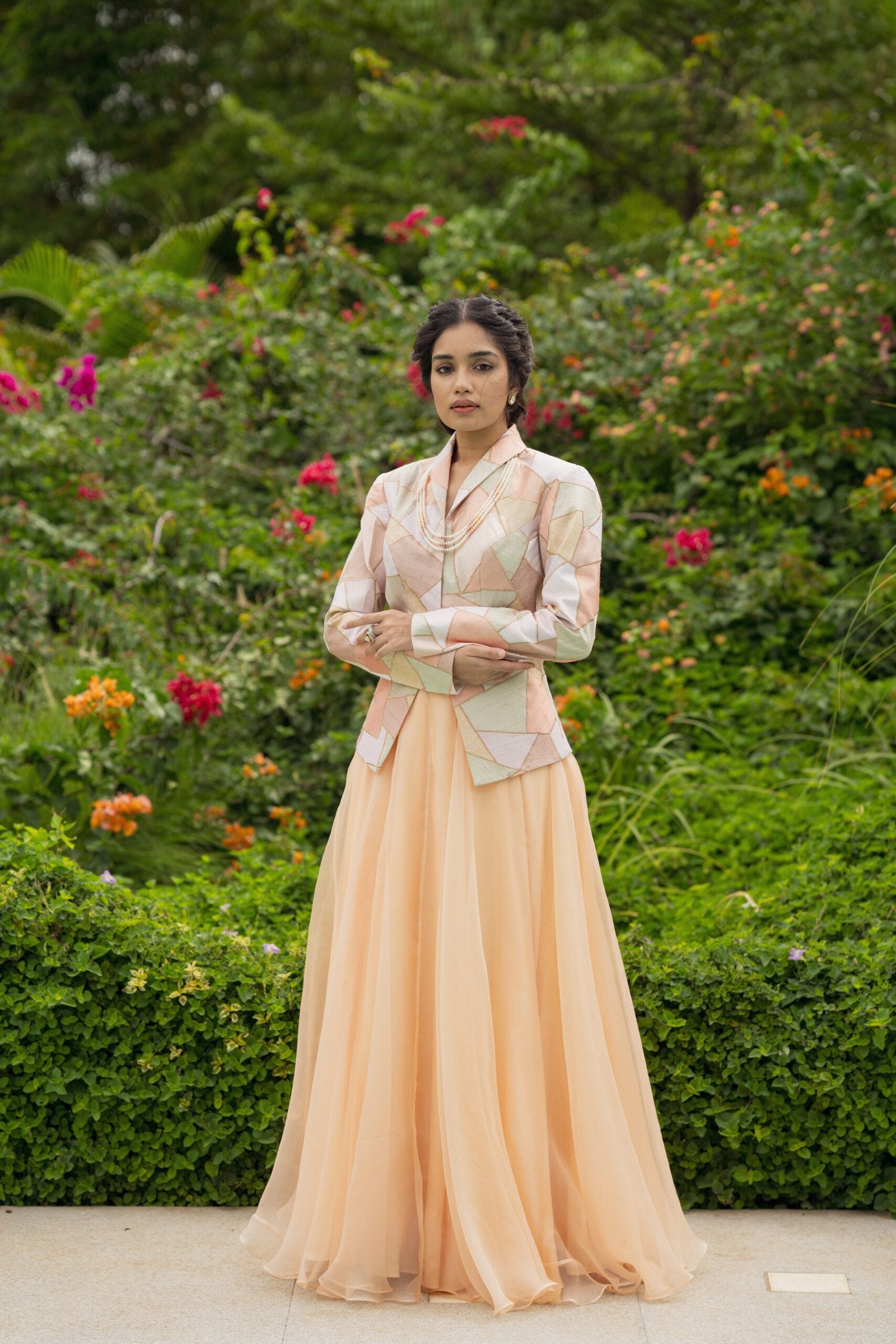 CY Kavita Agarwal Patch Work Jacket And Organza Skirt Front 2