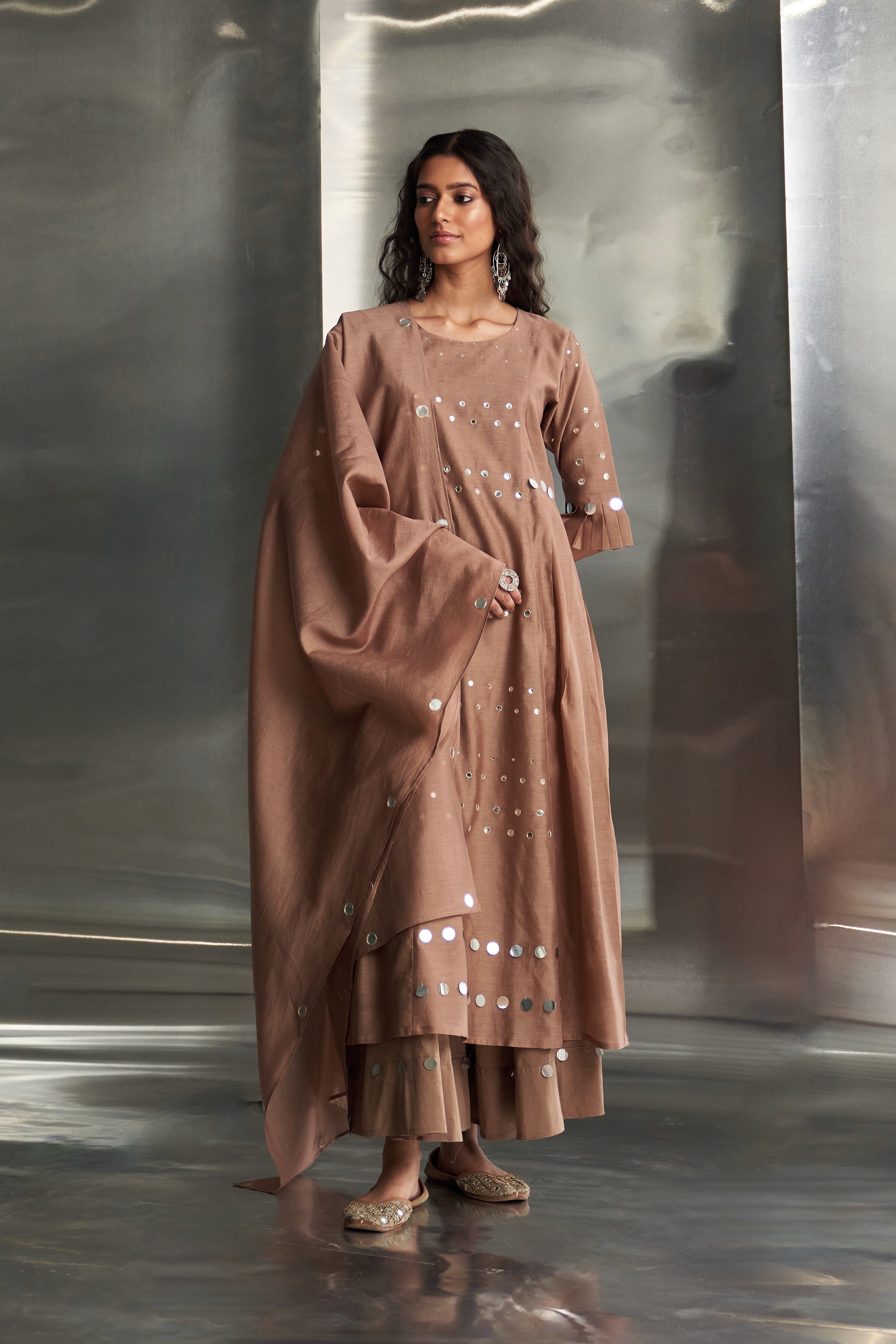 CY Charkhee Ginger Pleated Sleeves Kurta Set Front 1