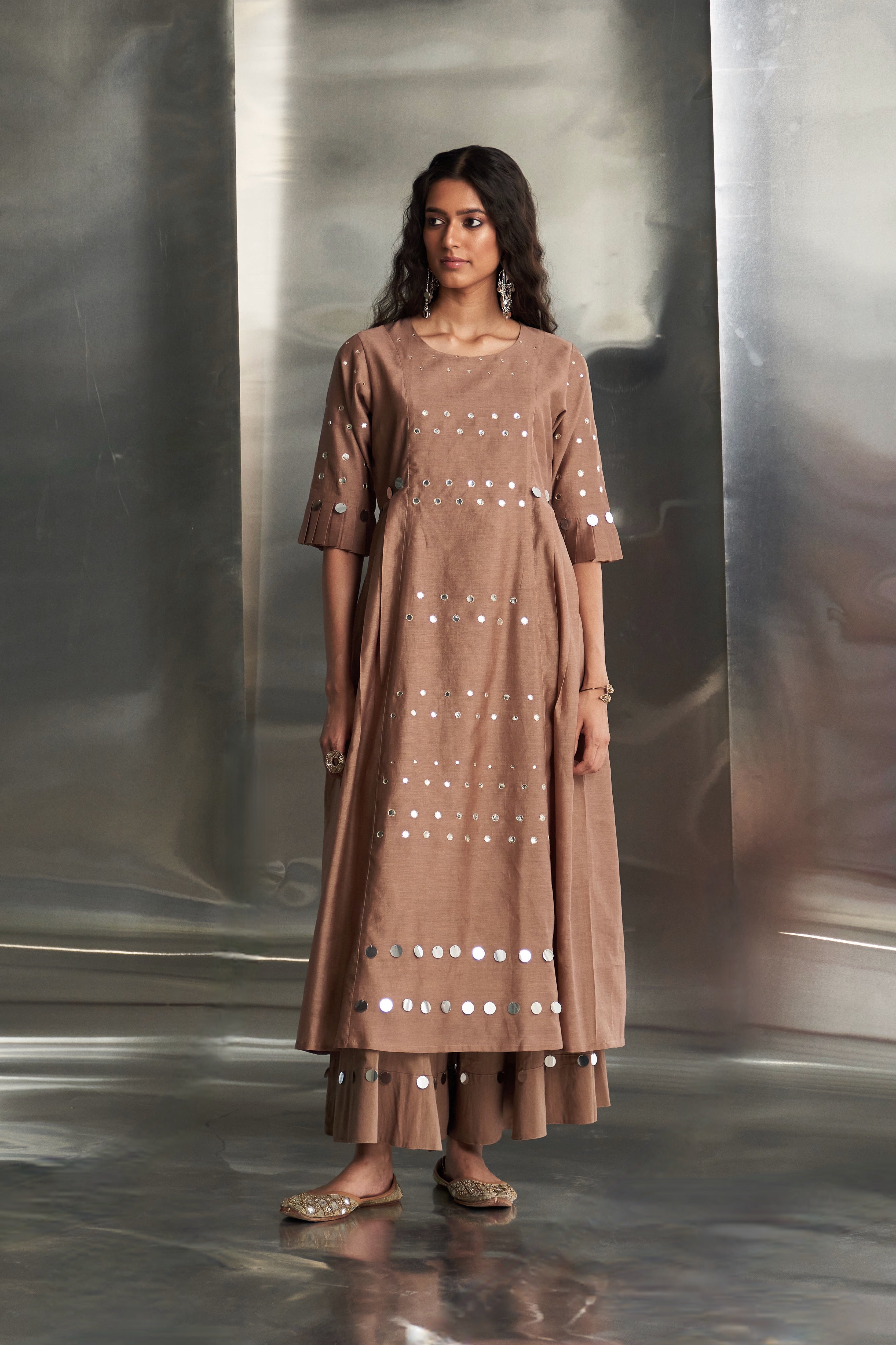 CY Charkhee Ginger Pleated Sleeves Kurta Set Front 2