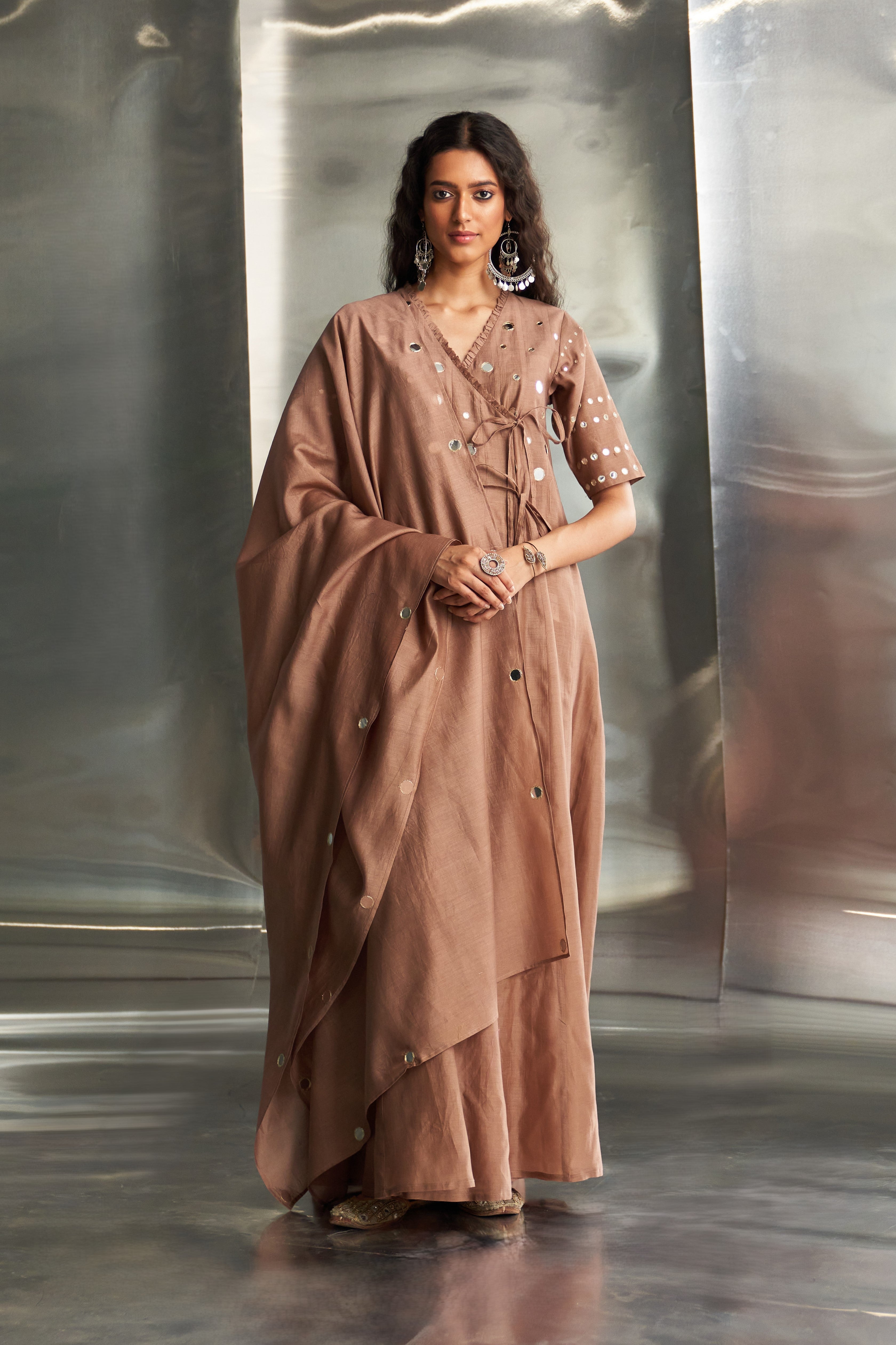 CY Charkhee Ginger Chanderi Angrakha Wrap With Jogger Front 1