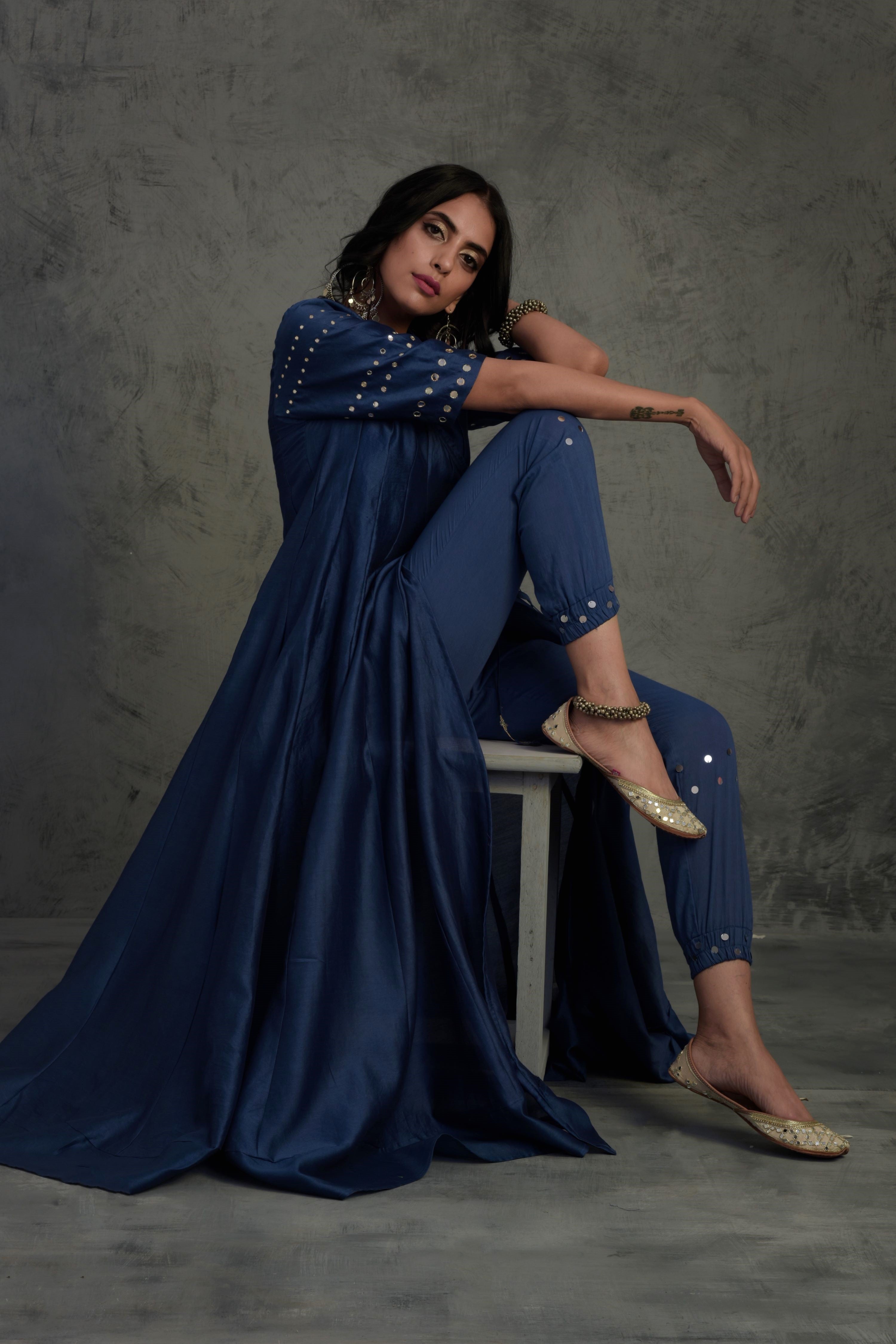 CY Charkhee Sapphire Blue Chanderi Angrakha Wrap With Jogger Side 3