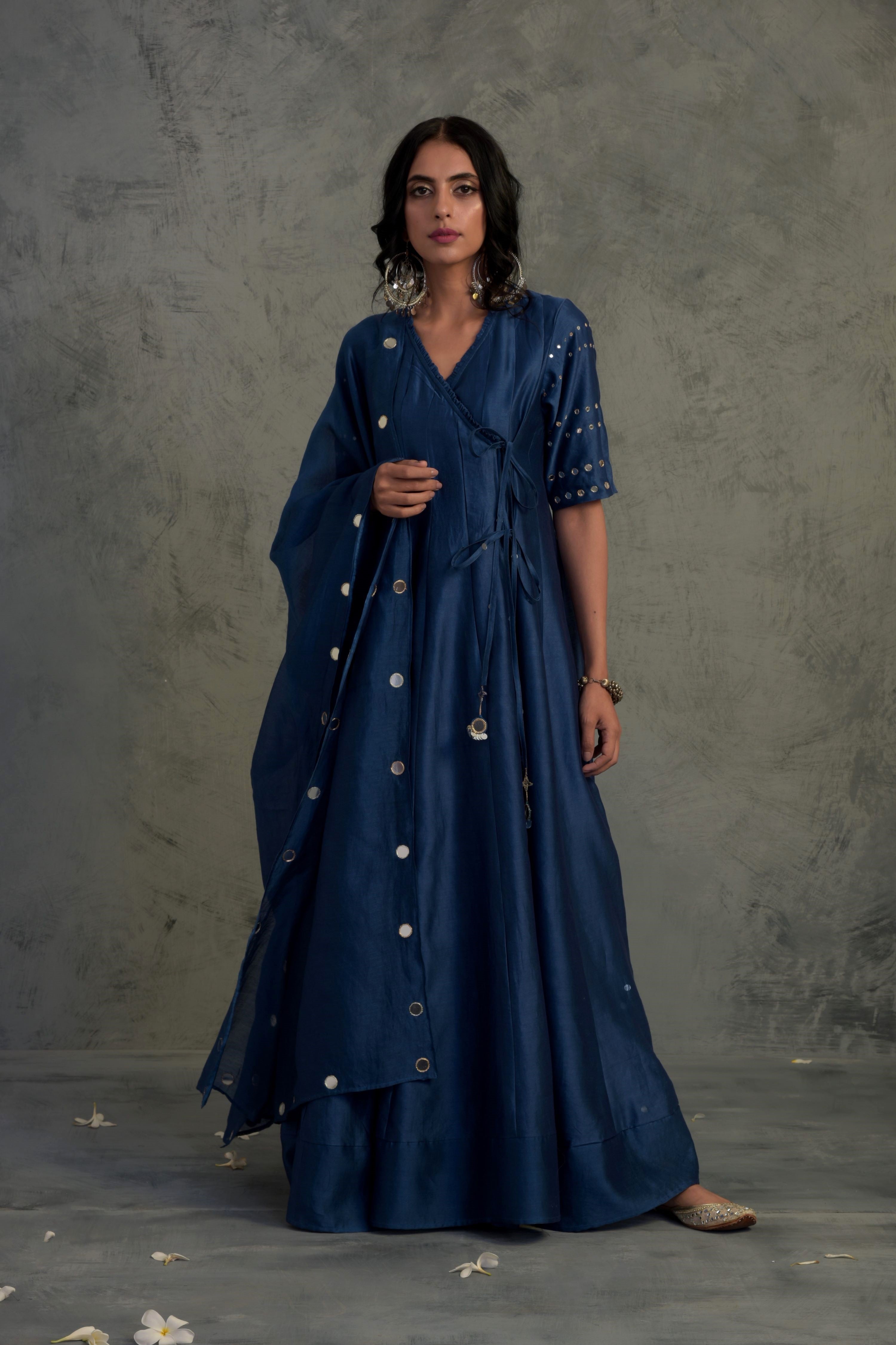 CY Charkhee Sapphire Blue Chanderi Angrakha Wrap With Jogger Front 1