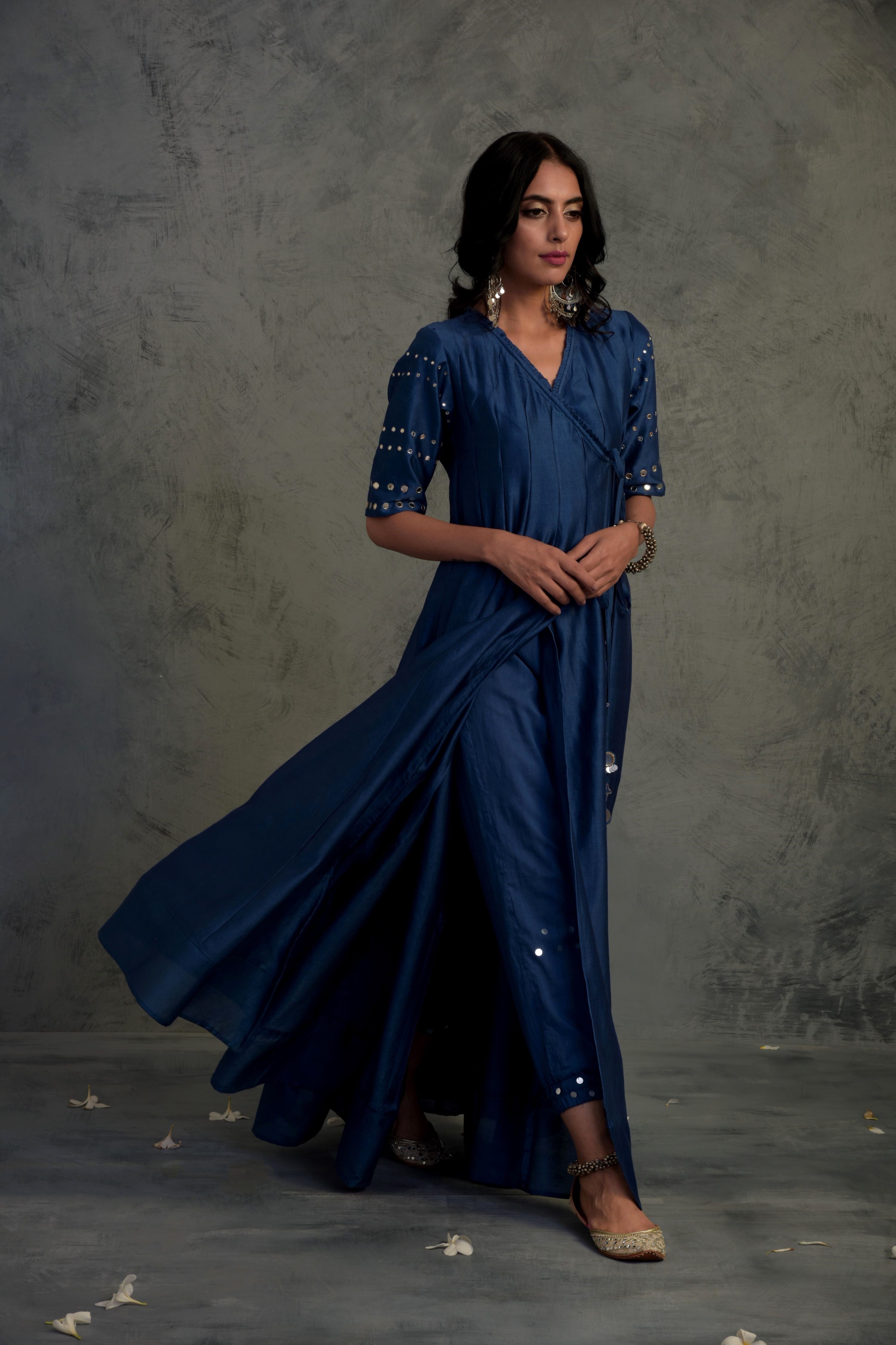 CY Charkhee Sapphire Blue Chanderi Angrakha Wrap With Jogger Side 1