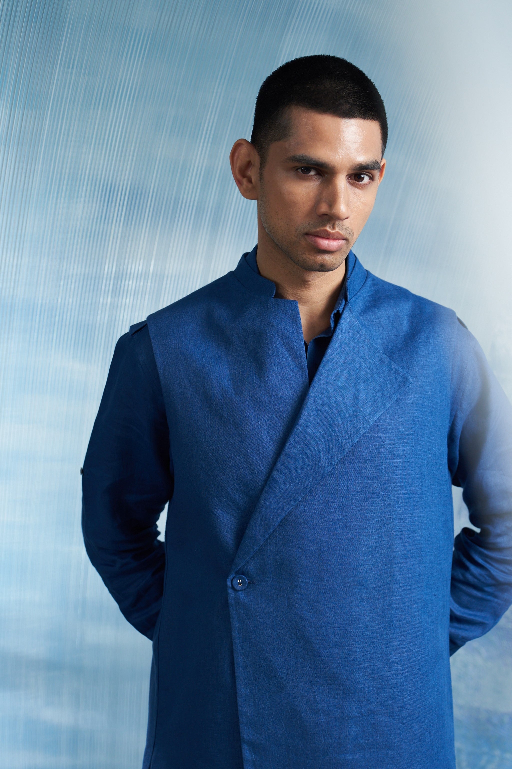 CY Charkhee Aura Royal Blue Overlap Jacket Closeup 1