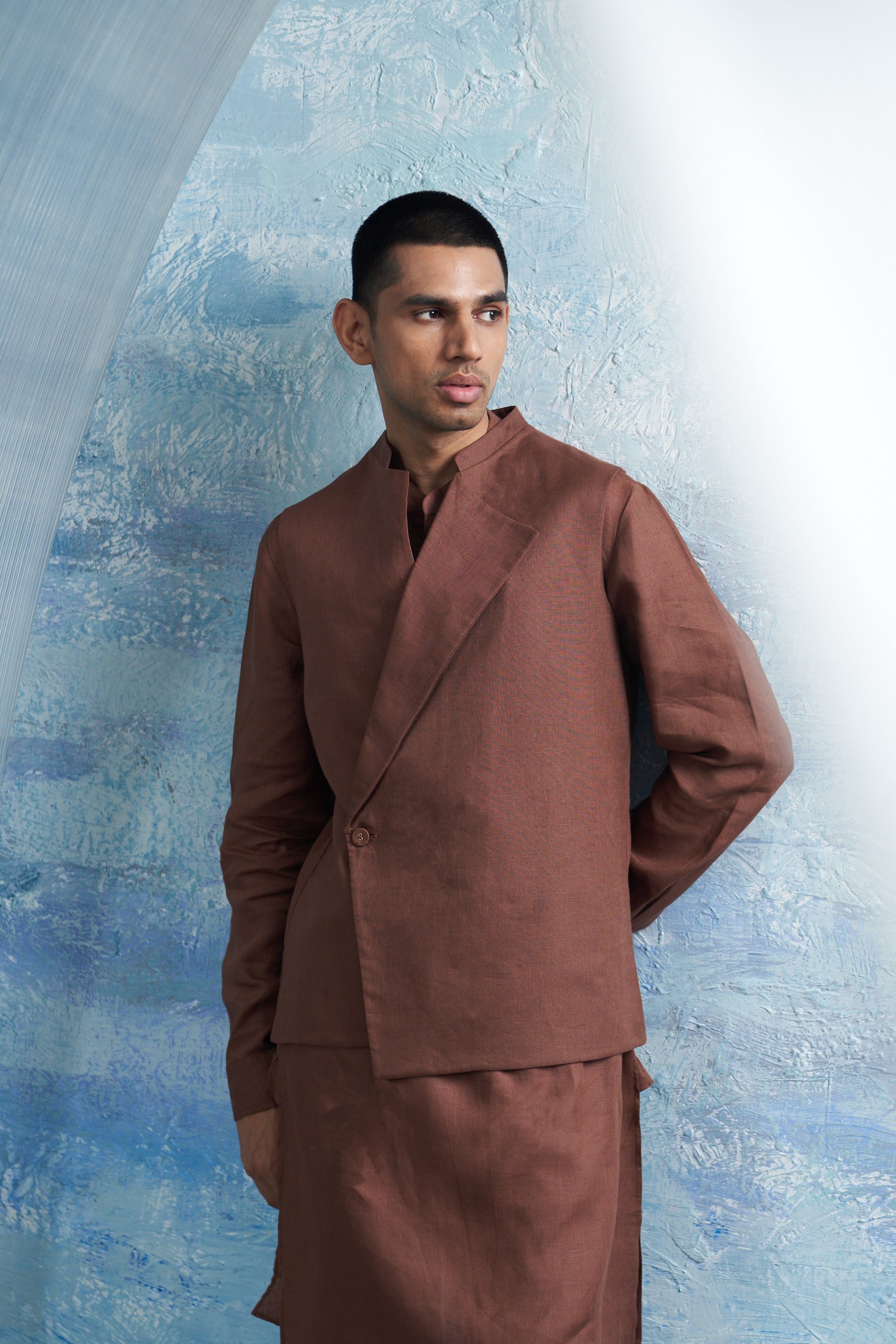 CY Charkhee Woody Brown Straight Kurta And Jacket Closeup 1