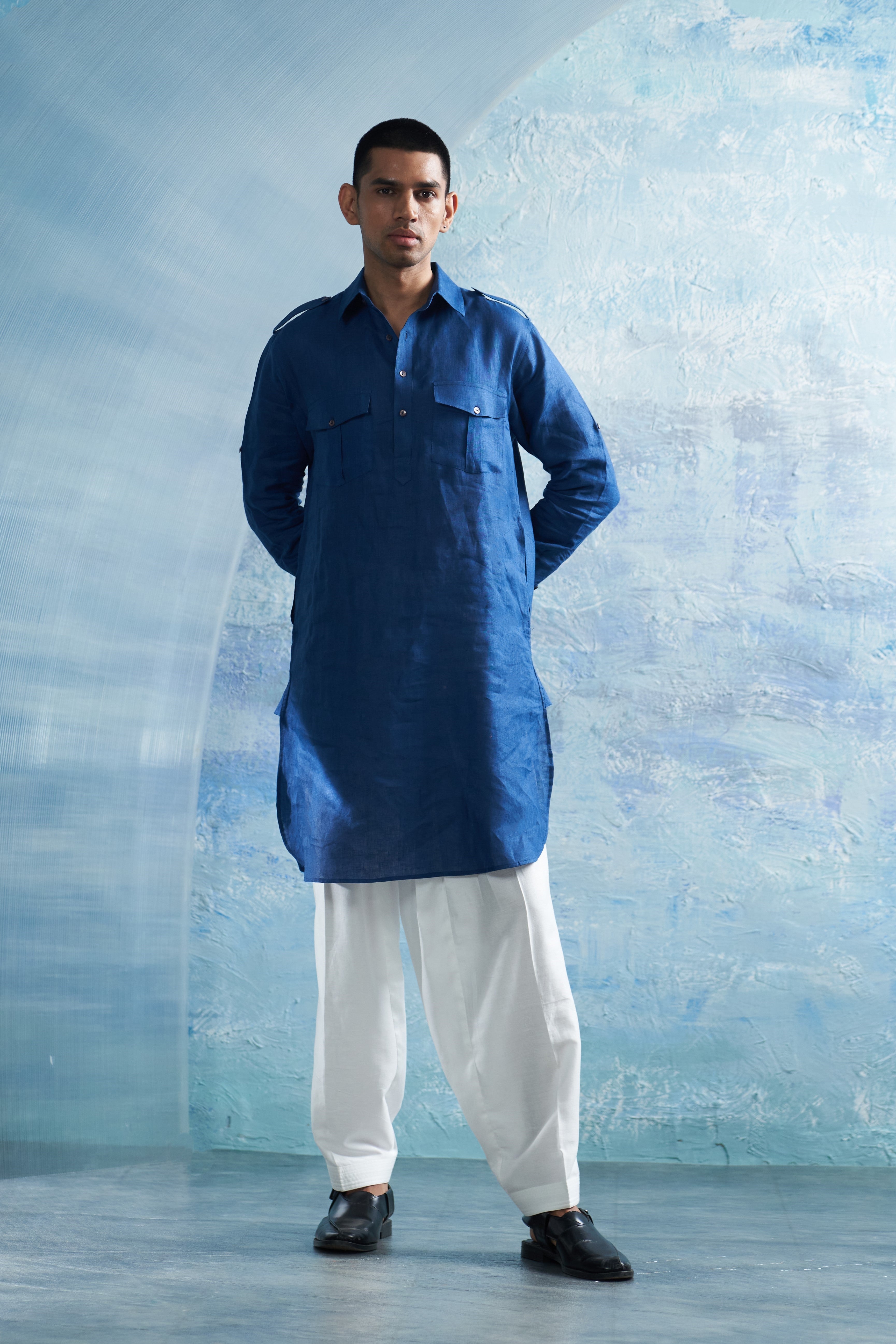 CY Charkhee Royal Blue Linen Pathani With White Salwar Front 2