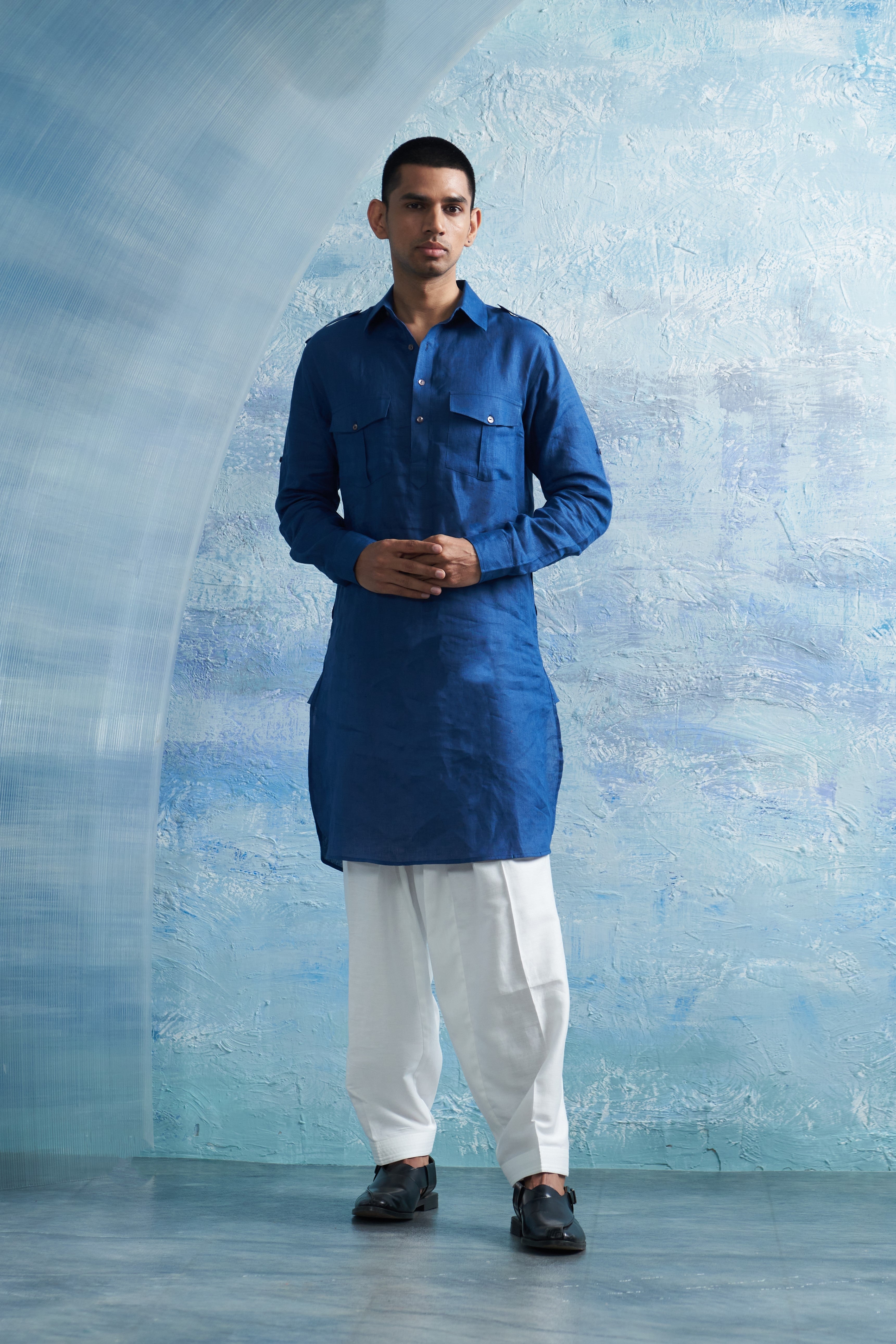 CY Charkhee Royal Blue Linen Pathani With White Salwar Front 1