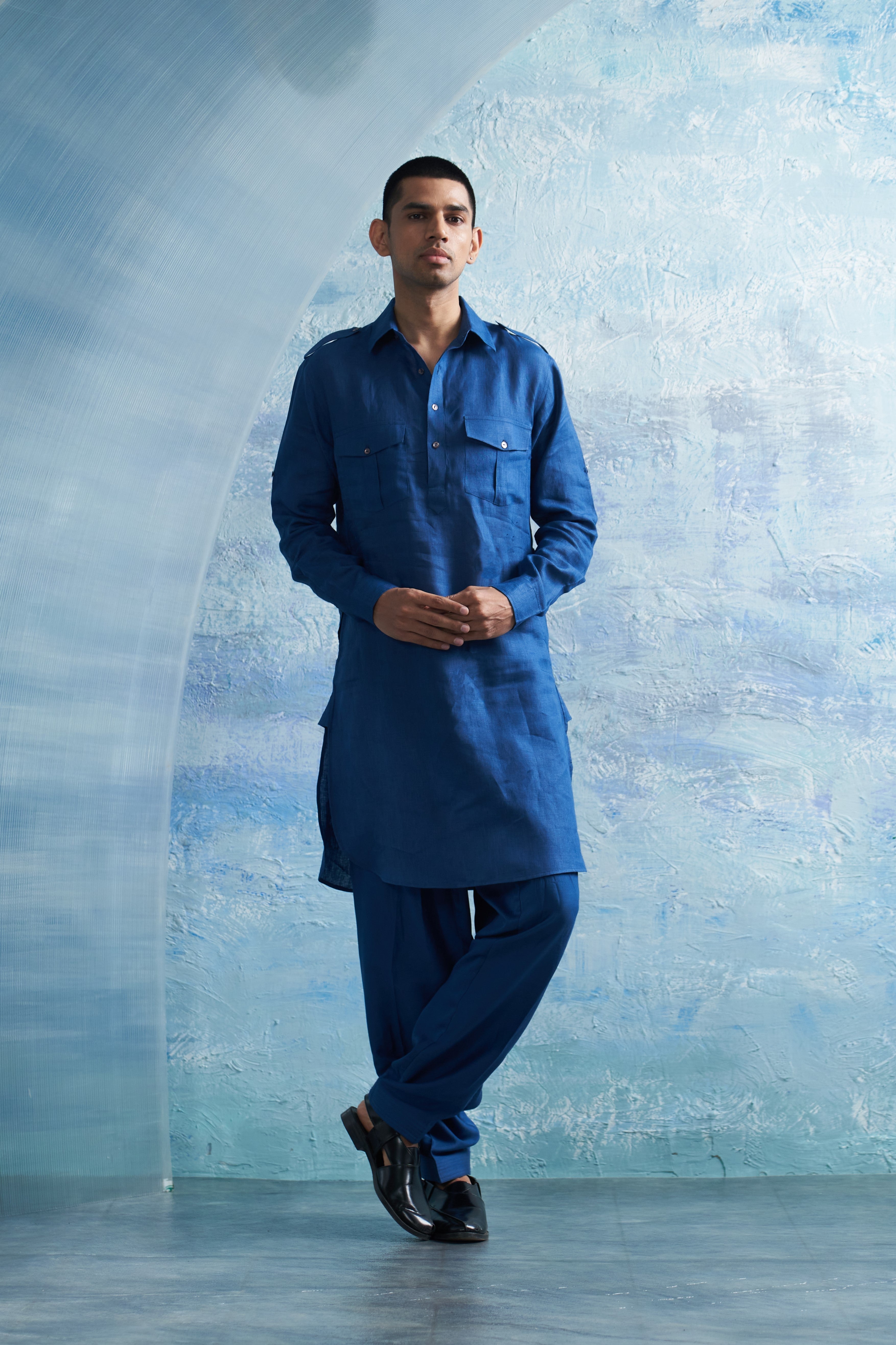 CY Charkhee Aura Royal Blue Linen Pathani Front 1