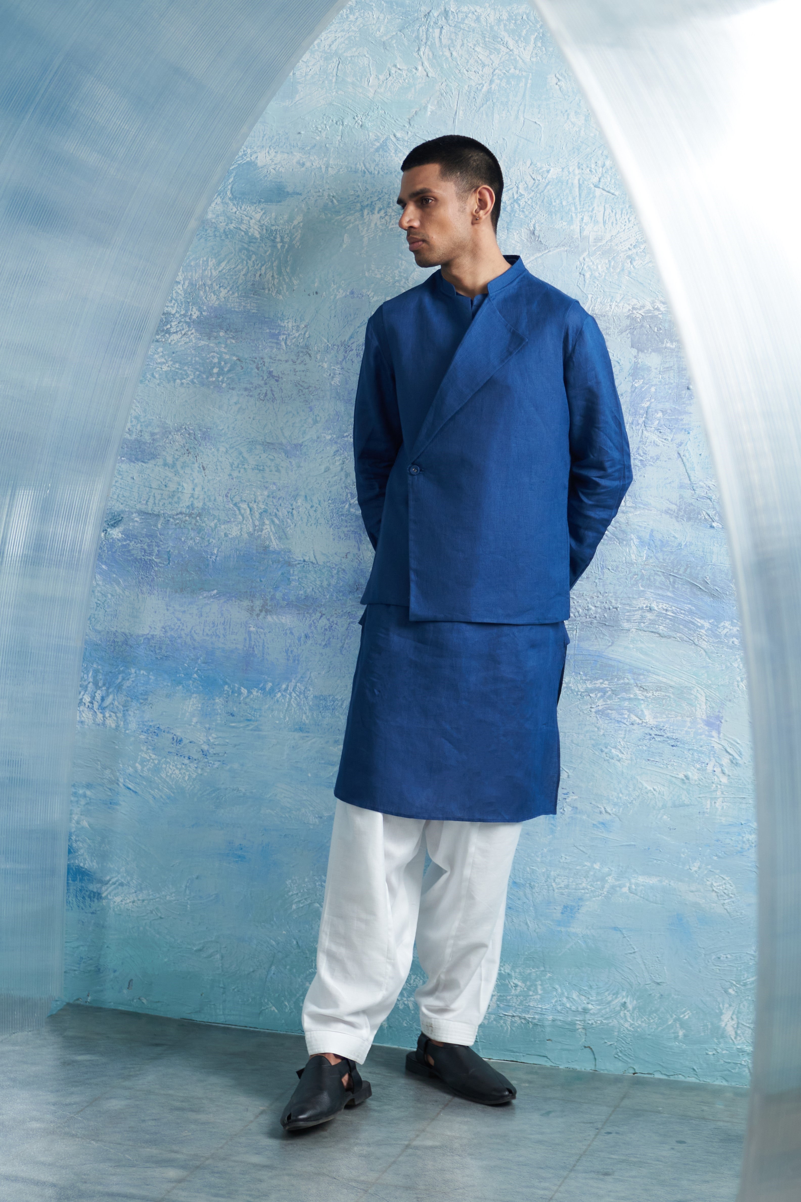 CY Charkhee Royal Blue Straight Kurta And Jacket Side 1