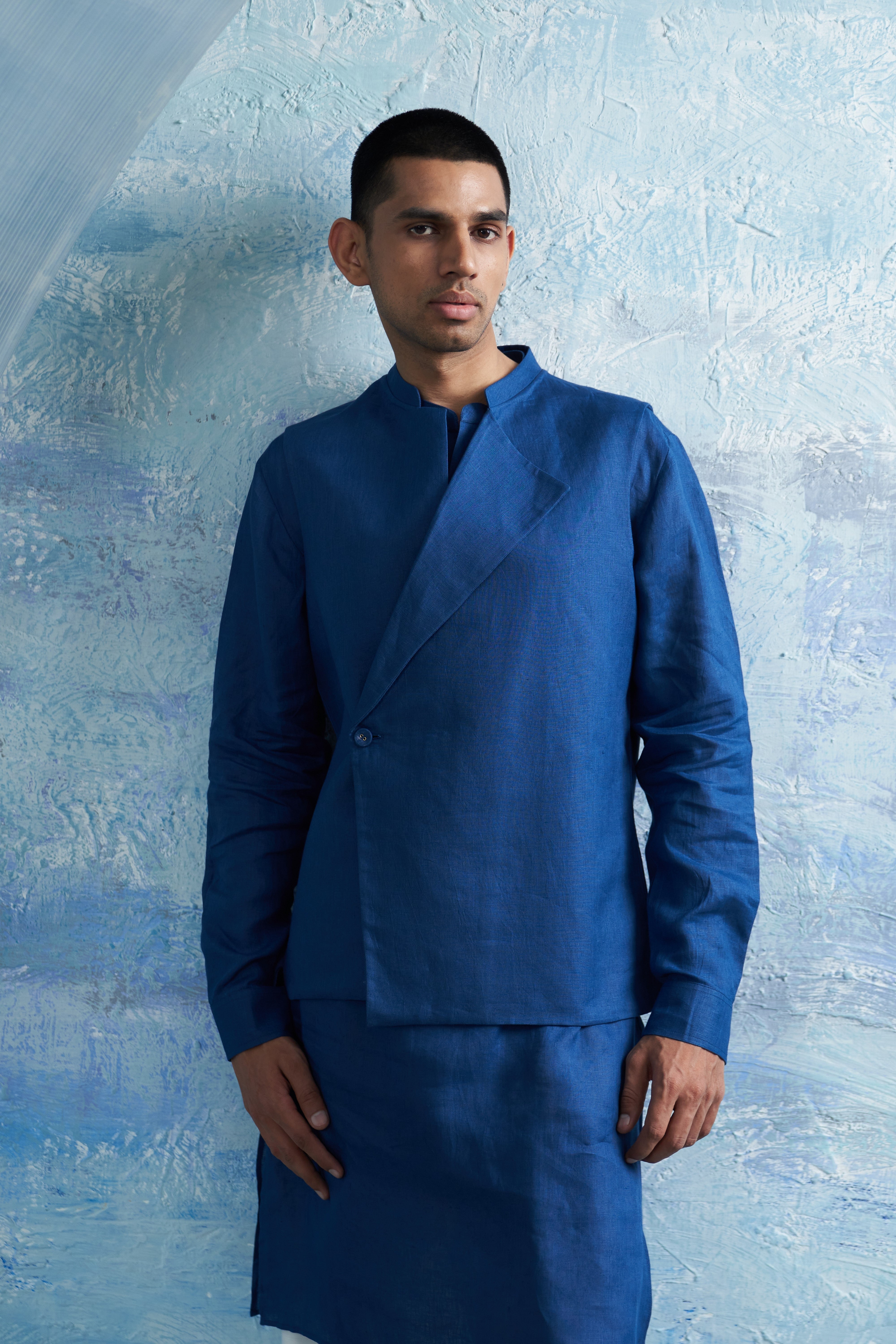 CY Charkhee Royal Blue Straight Kurta And Jacket Closeup 1