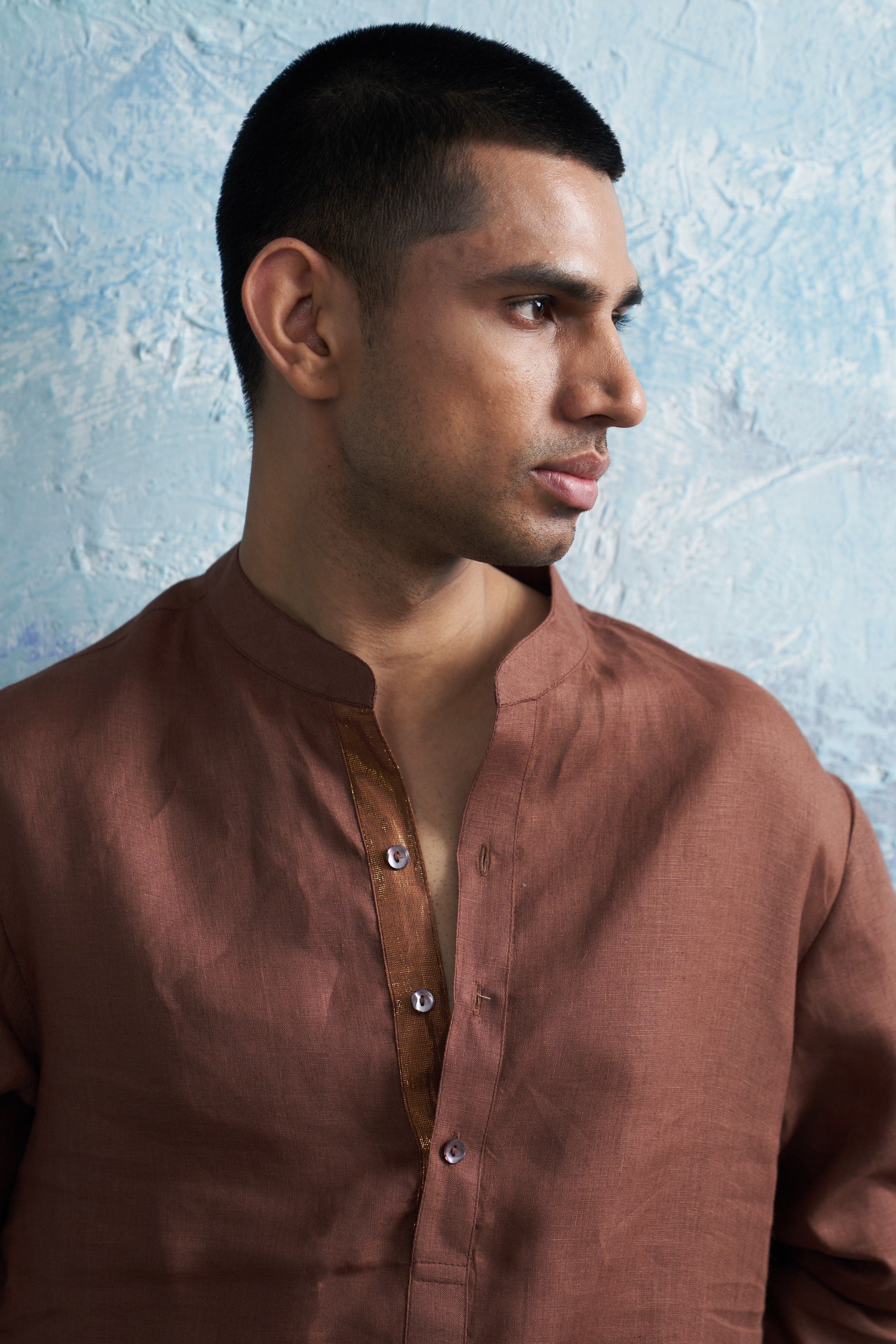 CY Charkhee Woody Brown Straight Kurta And Jacket Closeup 2