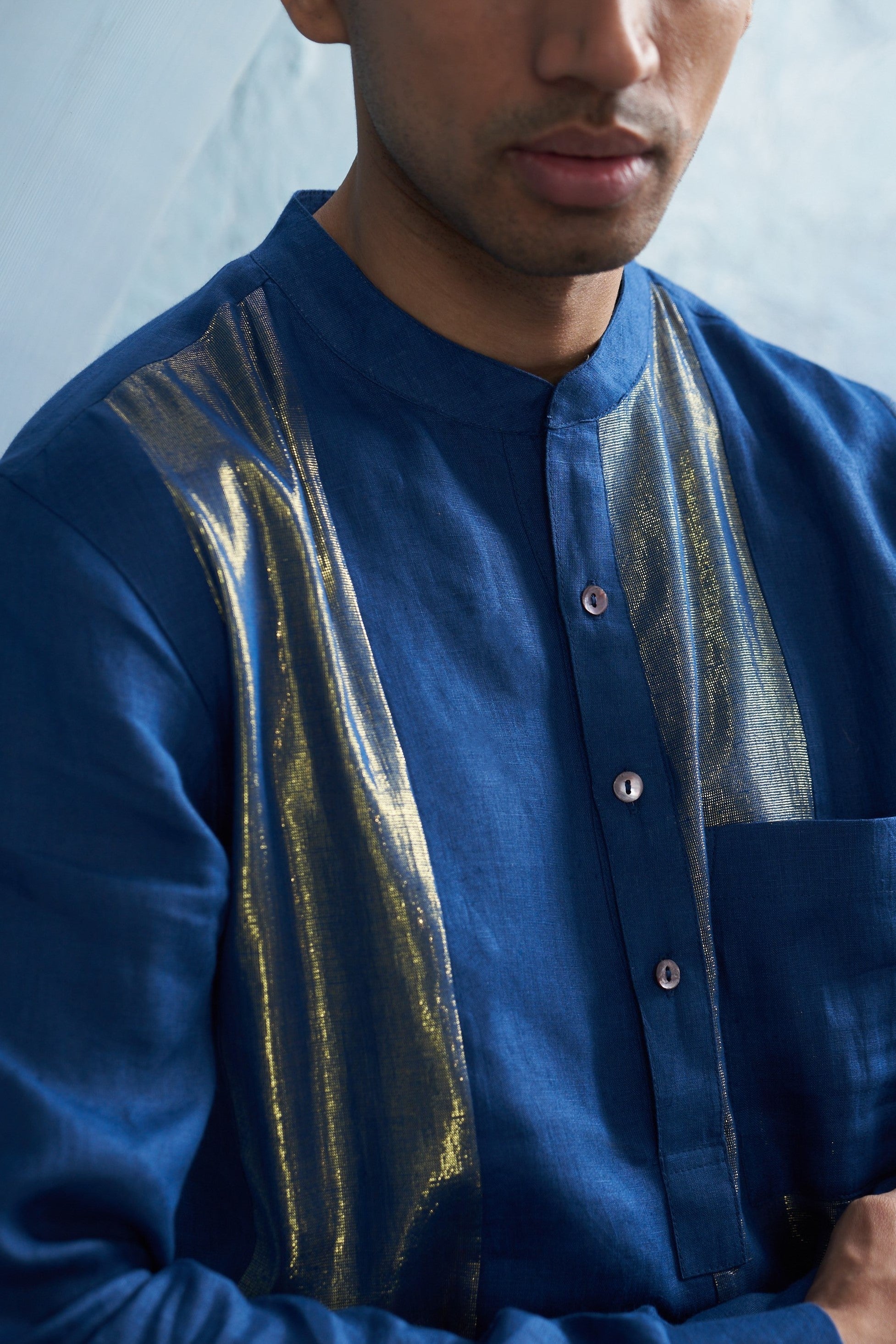 CY Charkhee Aura Royal Blue Stripe Kurta Closeup 2