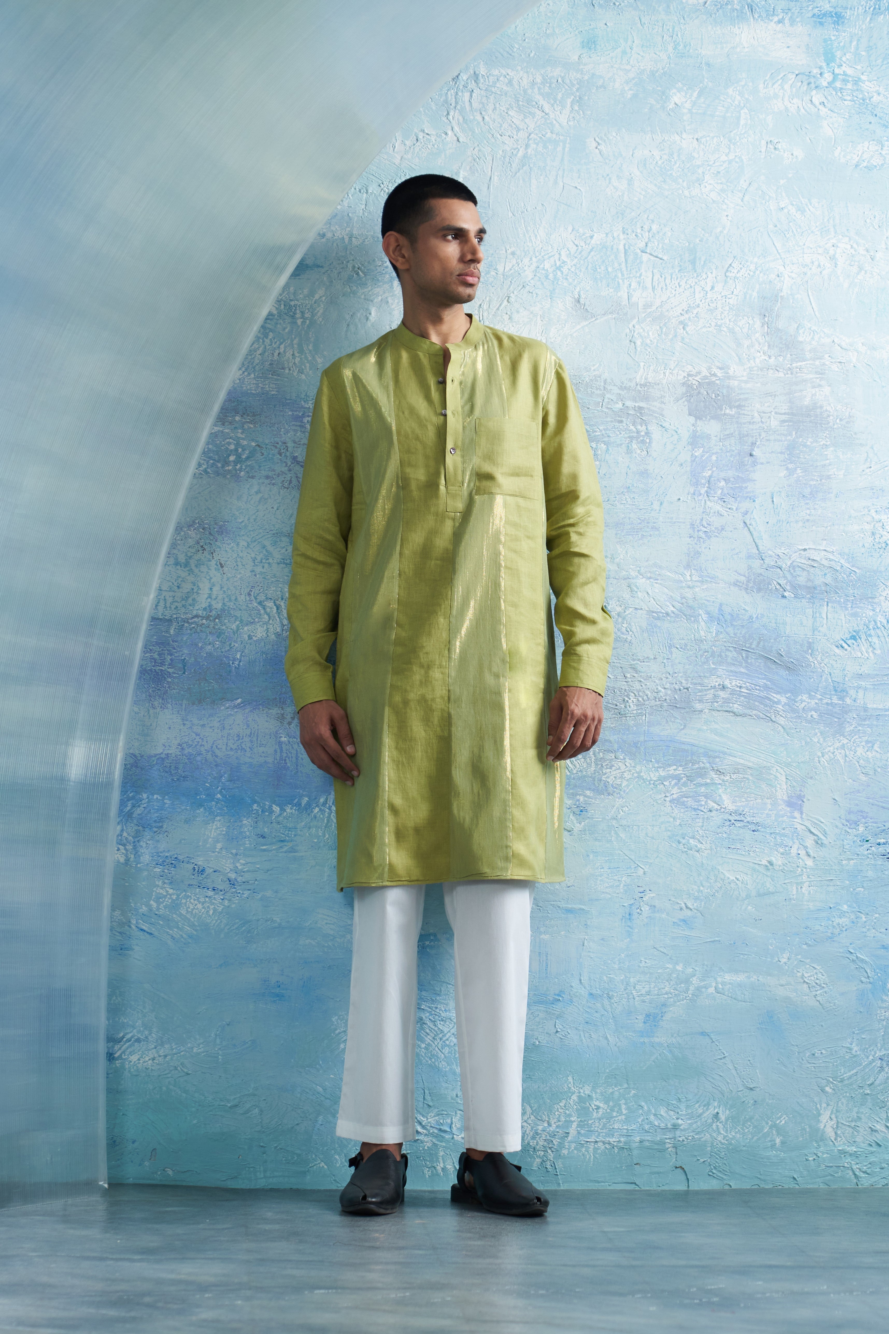 CY Charkhee Sheen Green Stripe Kurta Front 1