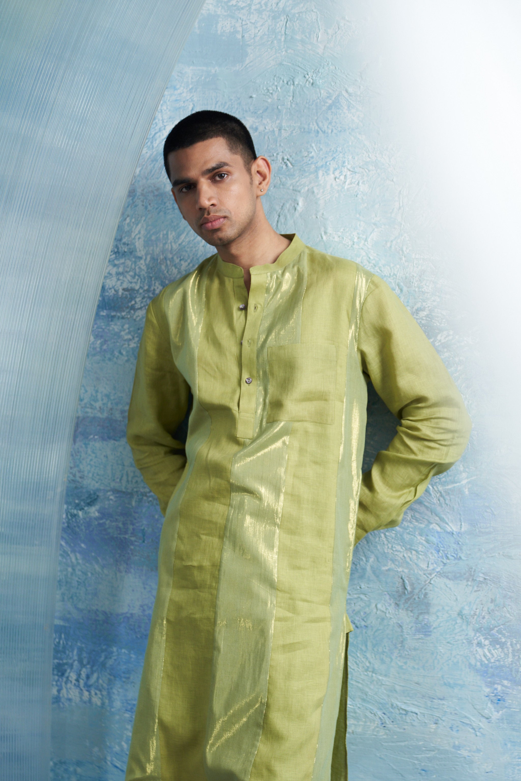 CY Charkhee Sheen Green Stripe Kurta Side 1