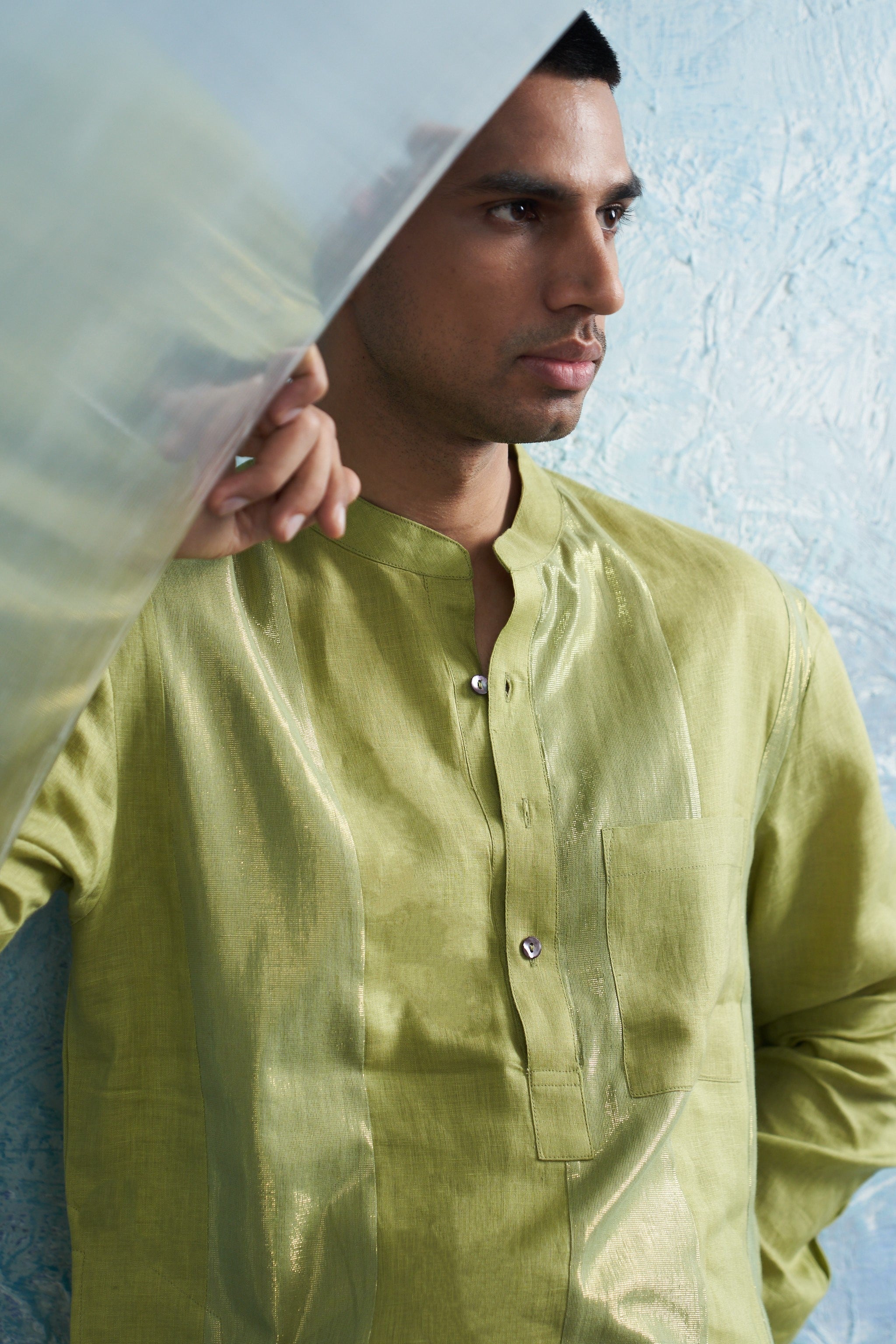 CY Charkhee Sheen Green Stripe Kurta Closeup 2