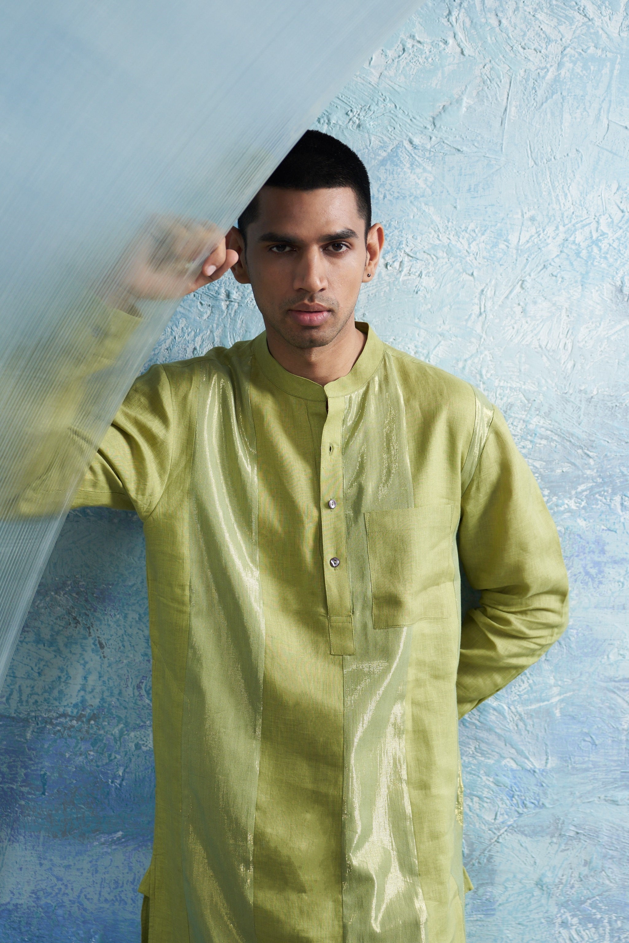 CY Charkhee Sheen Green Stripe Kurta Closeup 1