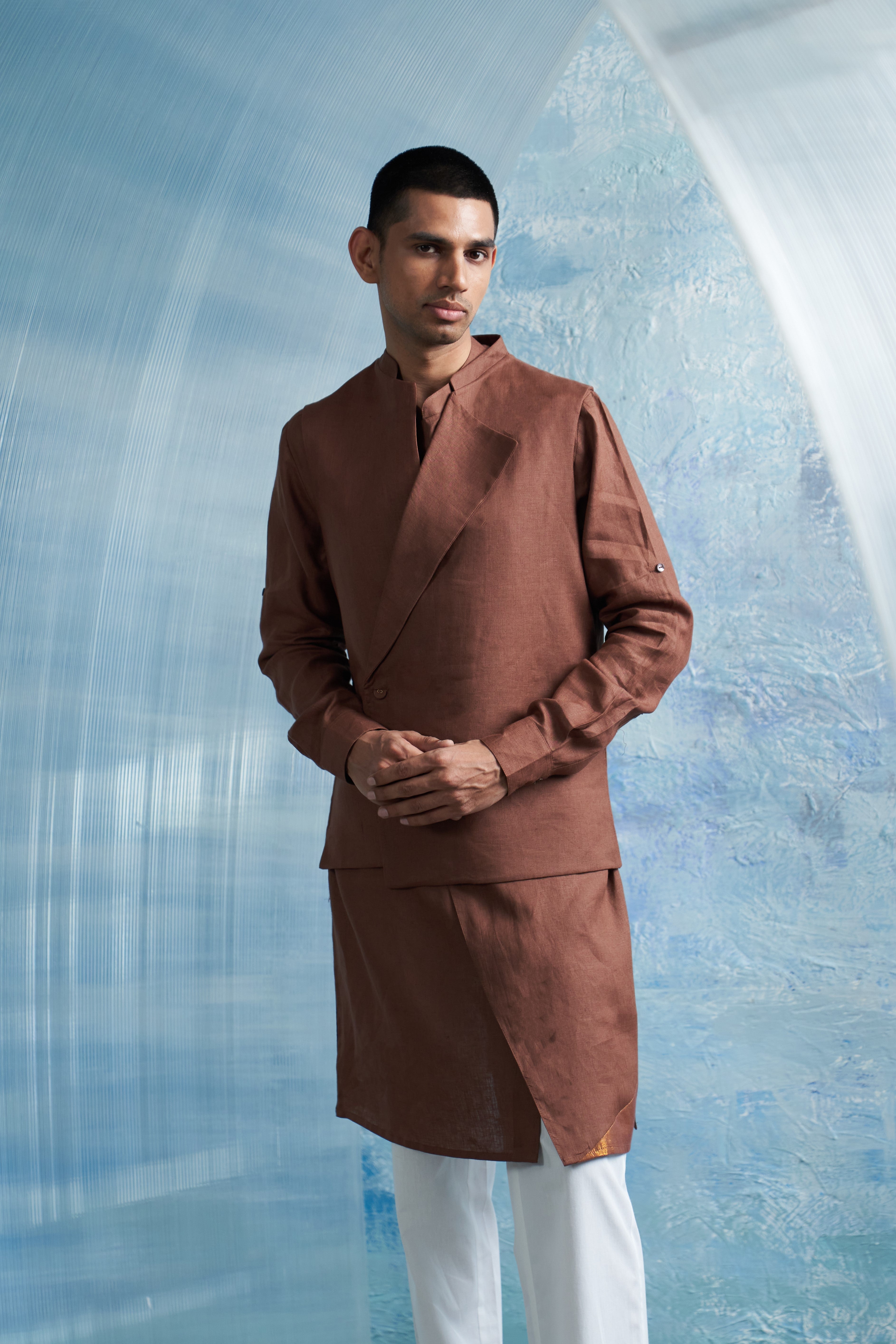 CY Charkhee Woody Brown Placket Kurta And Jacket Closeup 2