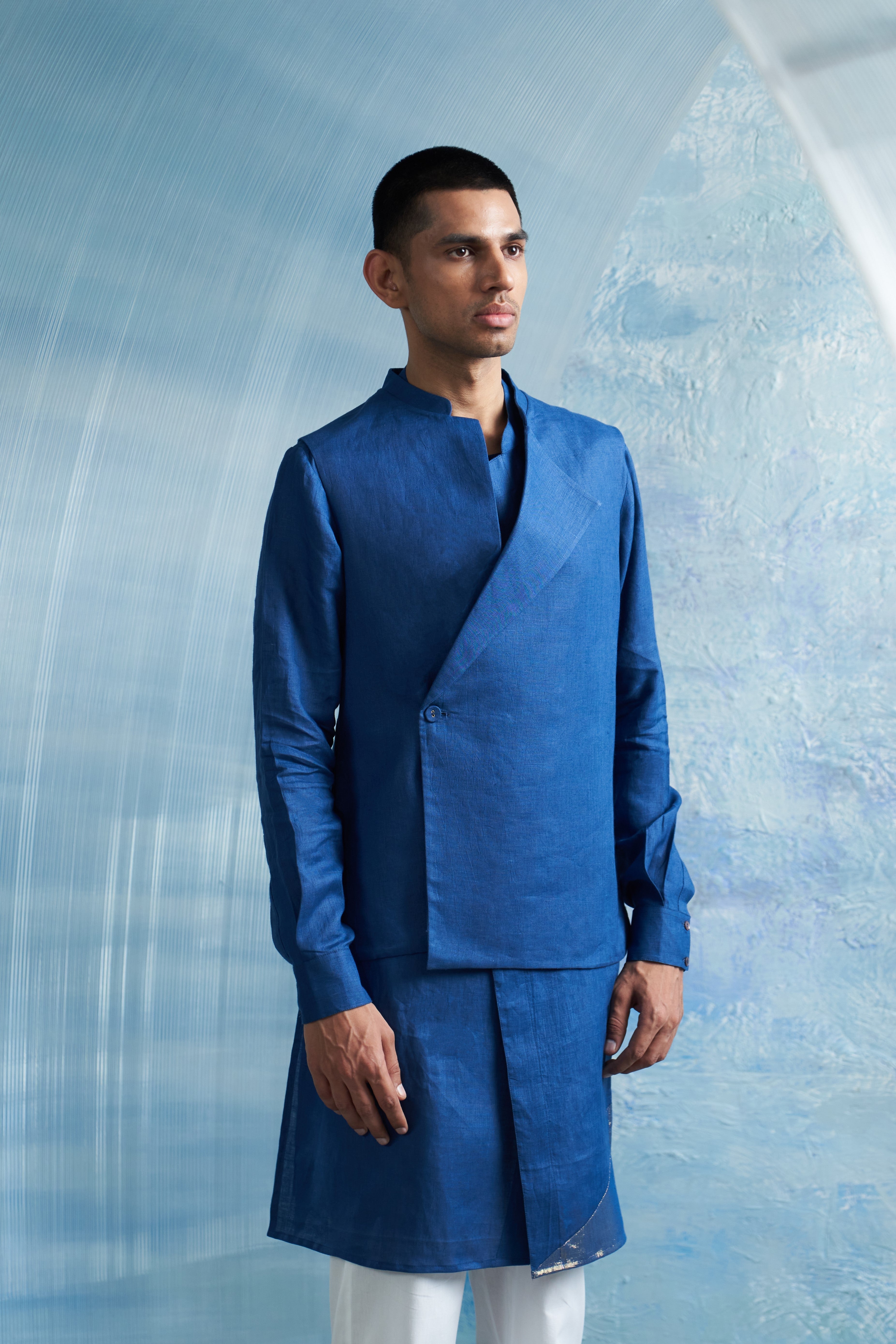 CY Charkhee Royal Blue Placket Kurta And Jacket Closeup 1