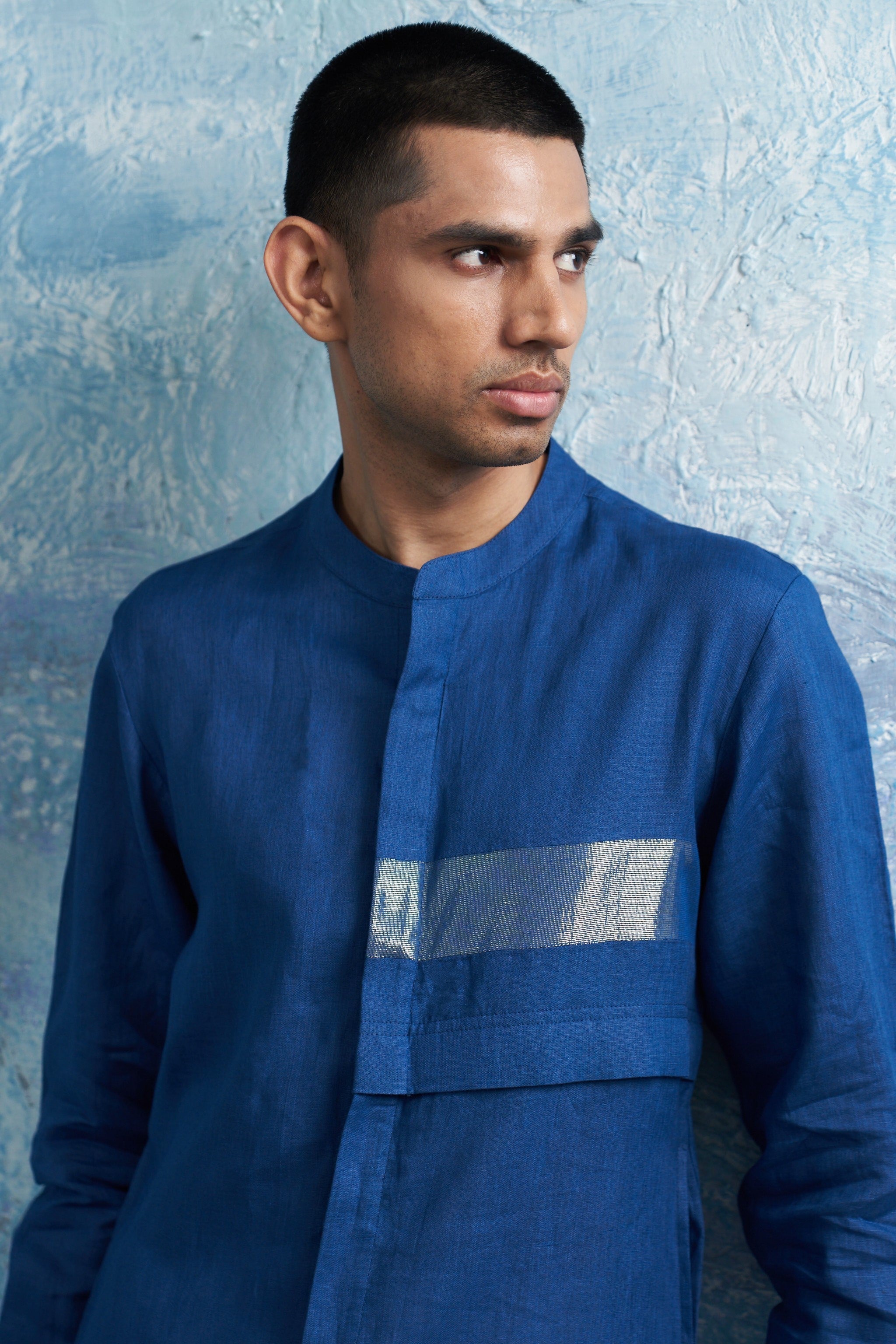 CY Charkhee Royal Blue Placket Kurta And Jacket Closeup 2